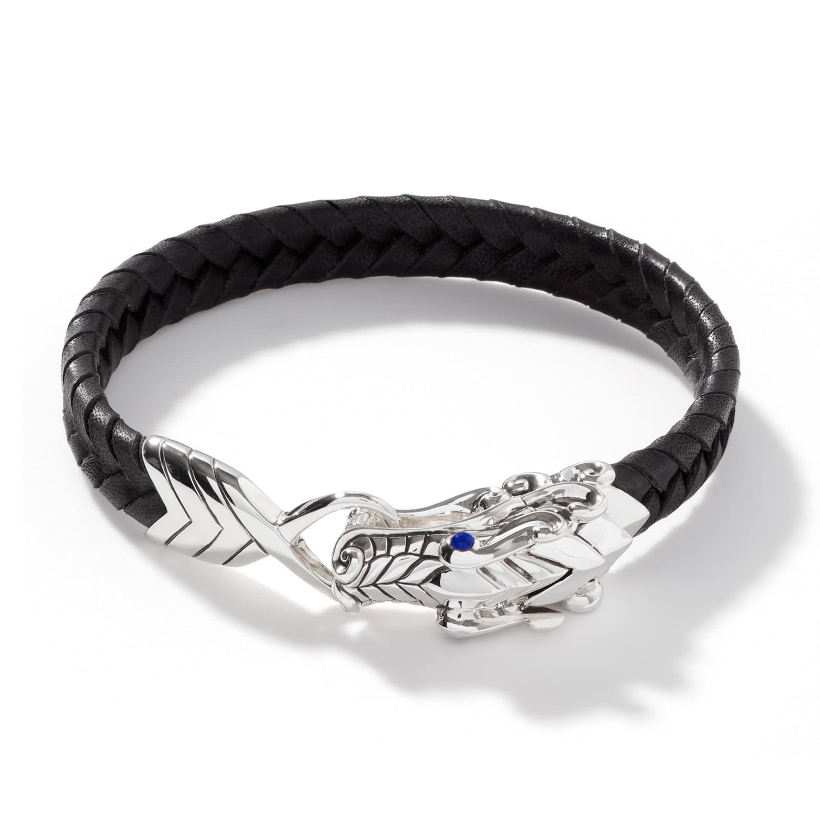 John Hardy Sterling Silver & Black Leather Naga Blue Sapphire Bracelet - Size Extra Large