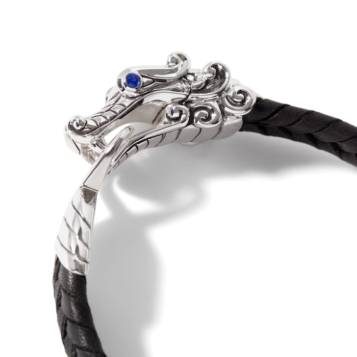 John Hardy Sterling Silver & Black Leather Naga Blue Sapphire Bracelet - Size Extra Large