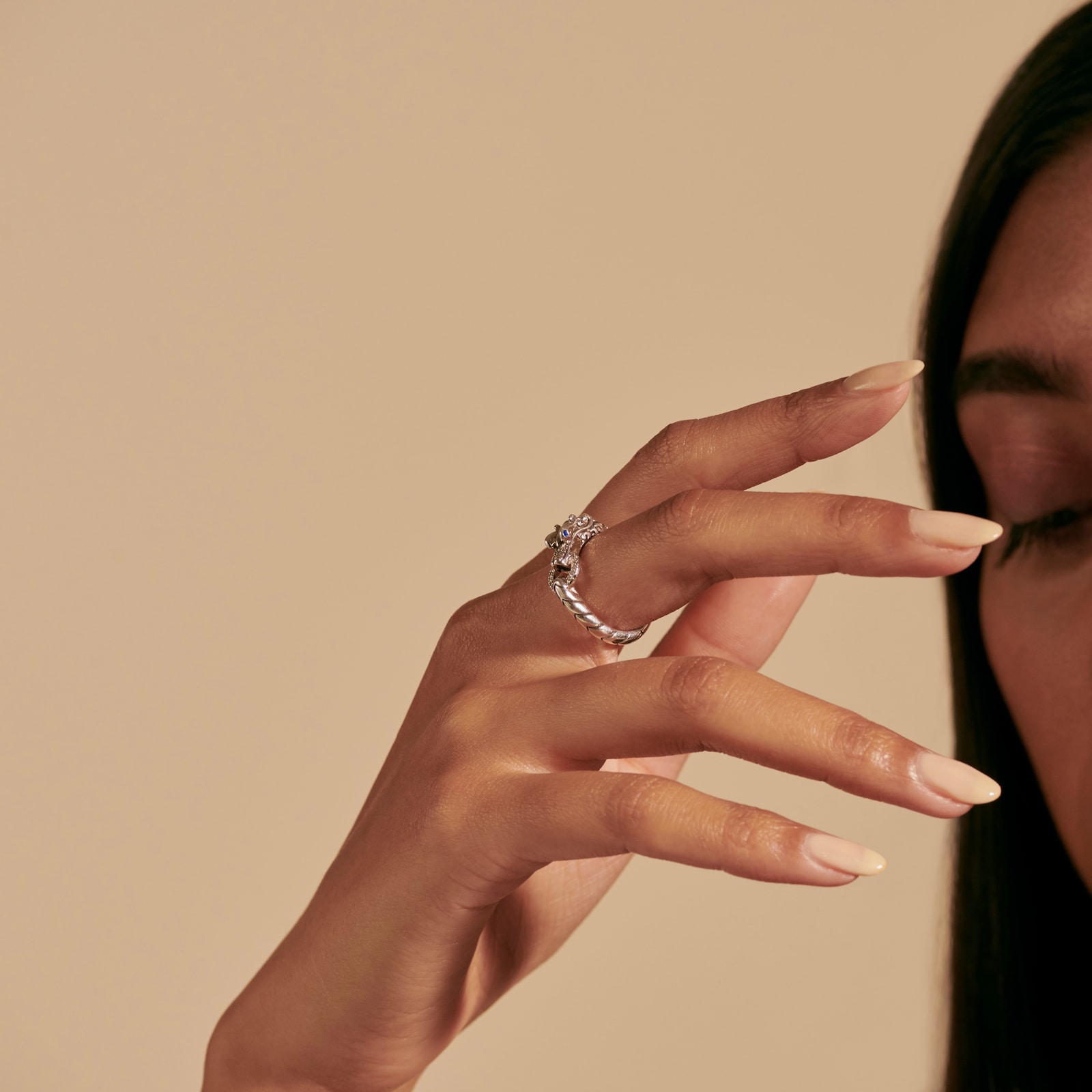 John Hardy Sterling Silver Naga Diamond & Blue Sapphire Ring - Size 8