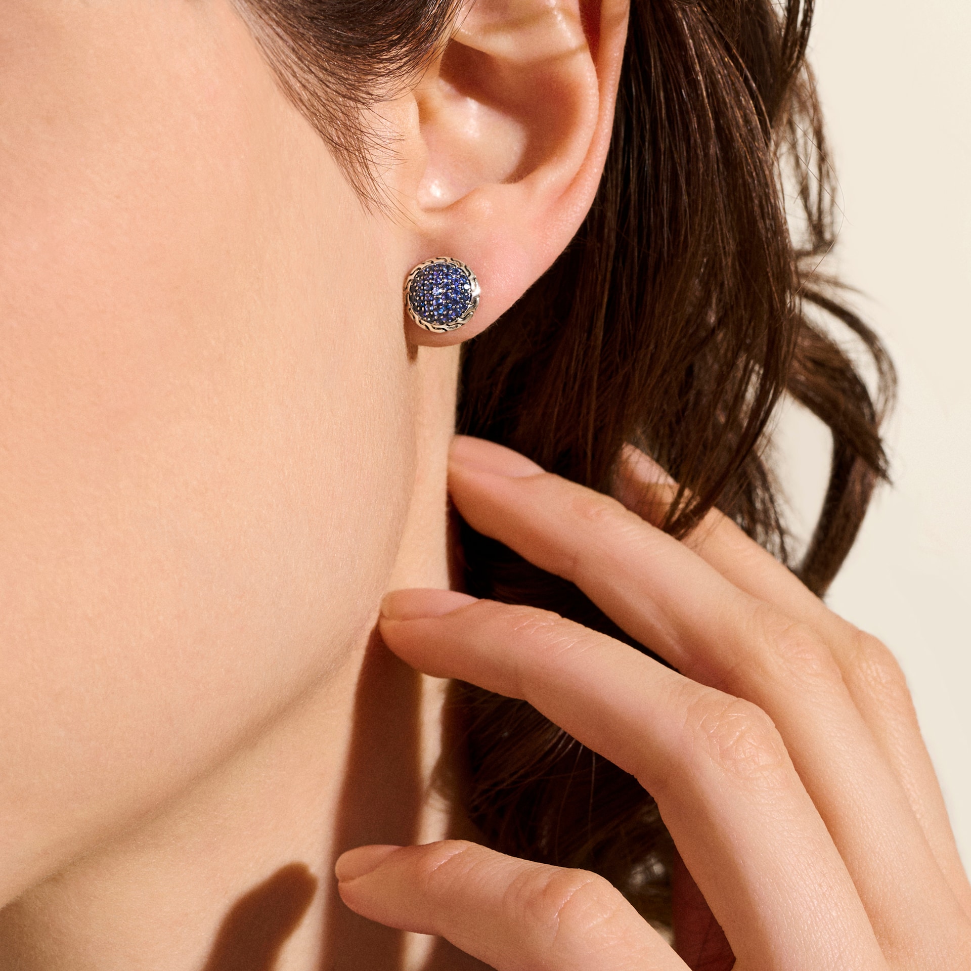John Hardy Sterling Silver JH Essential Pave Blue Sapphire Stud Earrings, 10mm John Hardy Sterling Silver JH Essential Pave Blue Sapphire Stud Earrings, 10mm