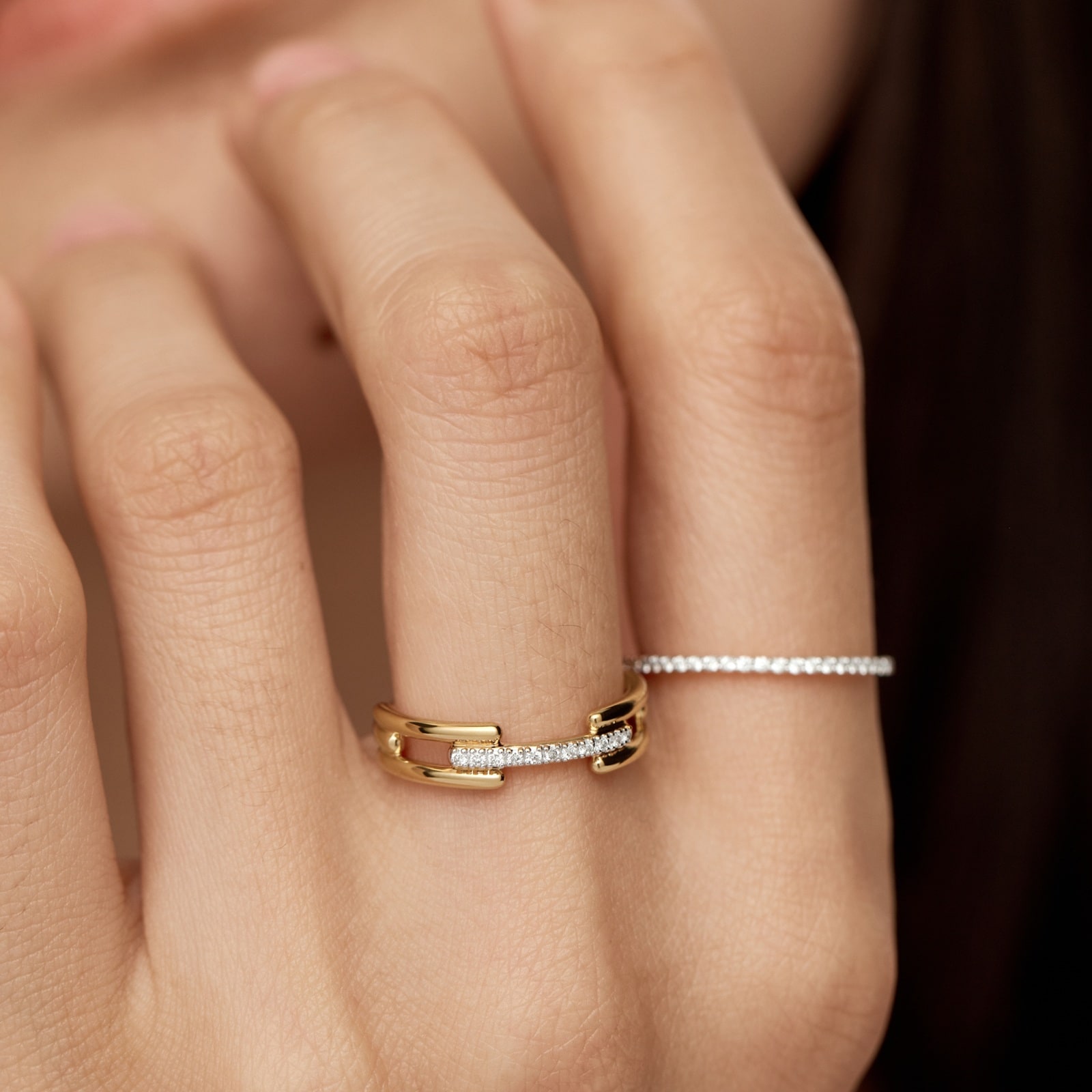 Monica Vinader MV Signature™ Link Ring In 18ct Gold Vermeil With Lab Grown Diamonds