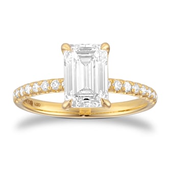 Goldsmiths 18ct Yellow Gold 2.20cttw Emerald Cut Lab Grown Diamond Set Shoulder Solitaire Engagement Ring