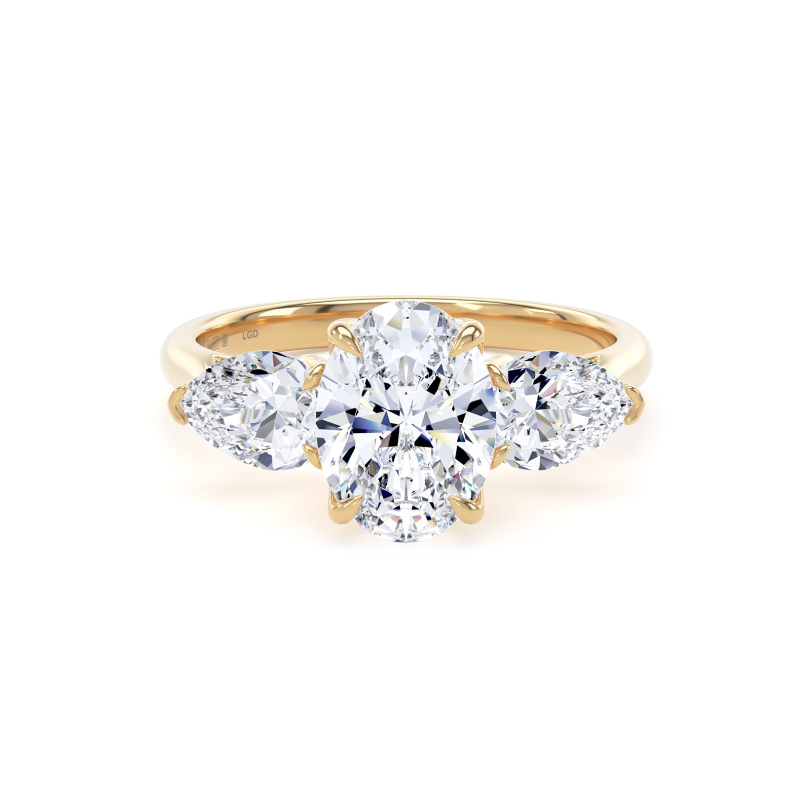 Goldsmiths 18ct Yellow Gold 2.00cttw Oval and Pear Cut Lab Grown Diamond 3 Stone Engagement Ring Goldsmiths 18ct Yellow Gold 2.00cttw Oval and Pear Cut Lab Grown Diamond 3 Stone Engagement Ring