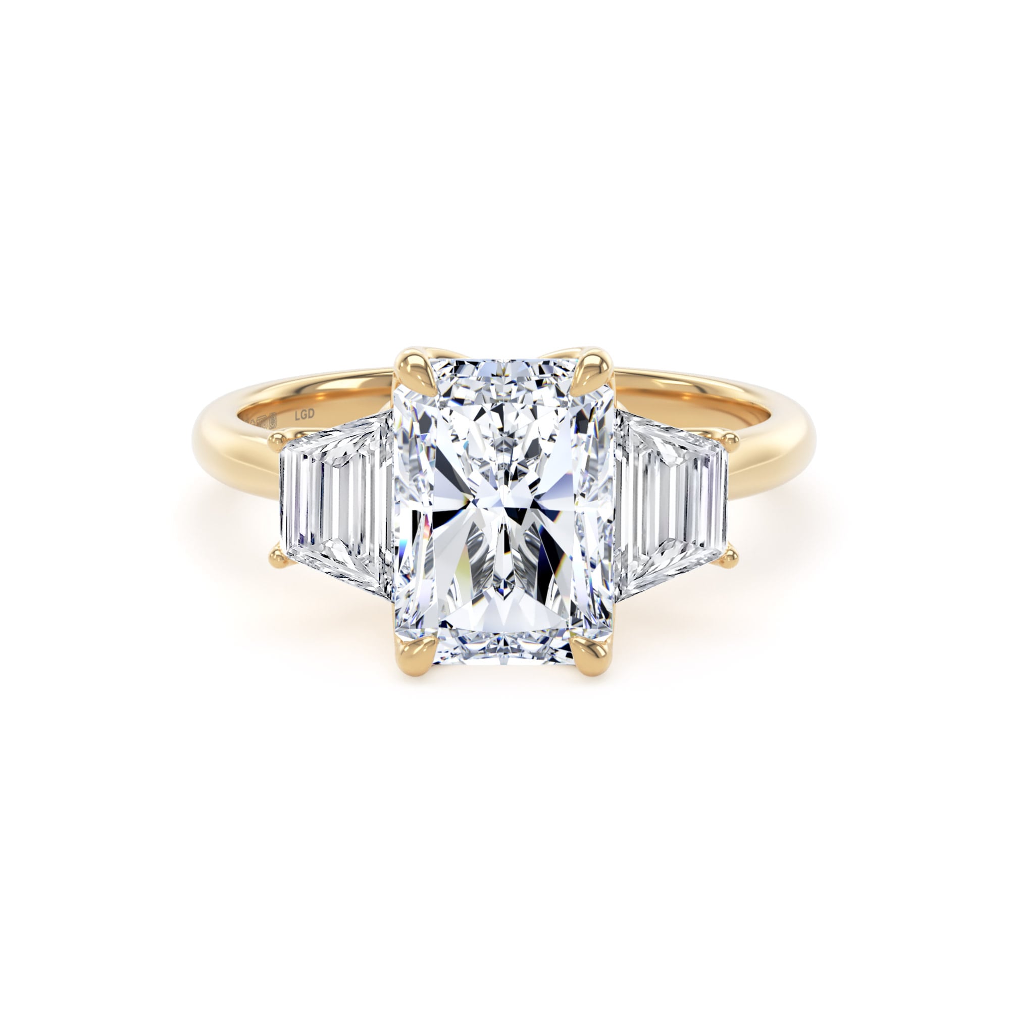 Goldsmiths 18ct Yellow Gold 3.00cttw Radiant and Trapezoid Cut Lab Grown Diamond 3 Stone Engagement Ring Goldsmiths 18ct Yellow Gold 3.00cttw Radiant and Trapezoid Cut Lab Grown Diamond 3 Stone Engagement Ring