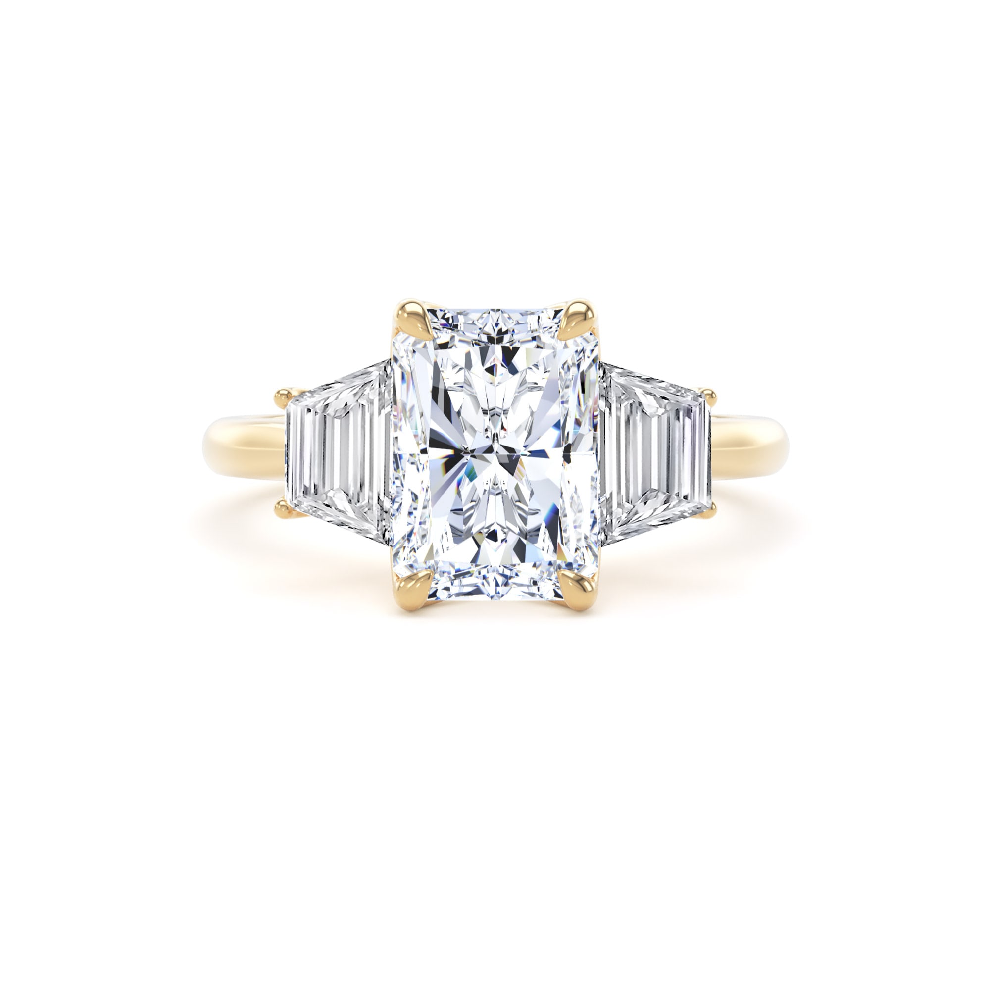 Goldsmiths 18ct Yellow Gold 3.00cttw Radiant and Trapezoid Cut Lab Grown Diamond 3 Stone Engagement Ring Goldsmiths 18ct Yellow Gold 3.00cttw Radiant and Trapezoid Cut Lab Grown Diamond 3 Stone Engagement Ring