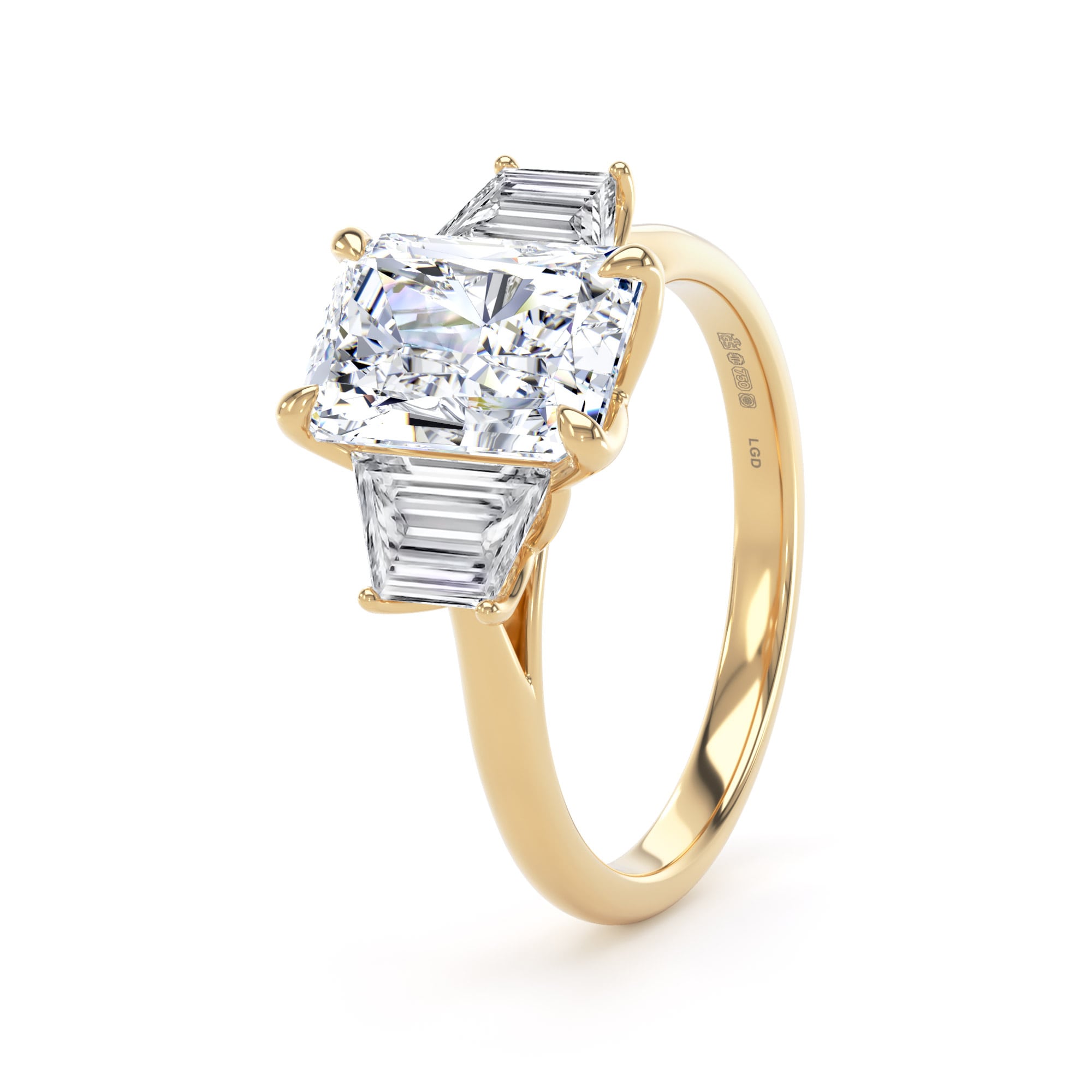 Goldsmiths 18ct Yellow Gold 3.00cttw Radiant and Trapezoid Cut Lab Grown Diamond 3 Stone Engagement Ring Goldsmiths 18ct Yellow Gold 3.00cttw Radiant and Trapezoid Cut Lab Grown Diamond 3 Stone Engagement Ring