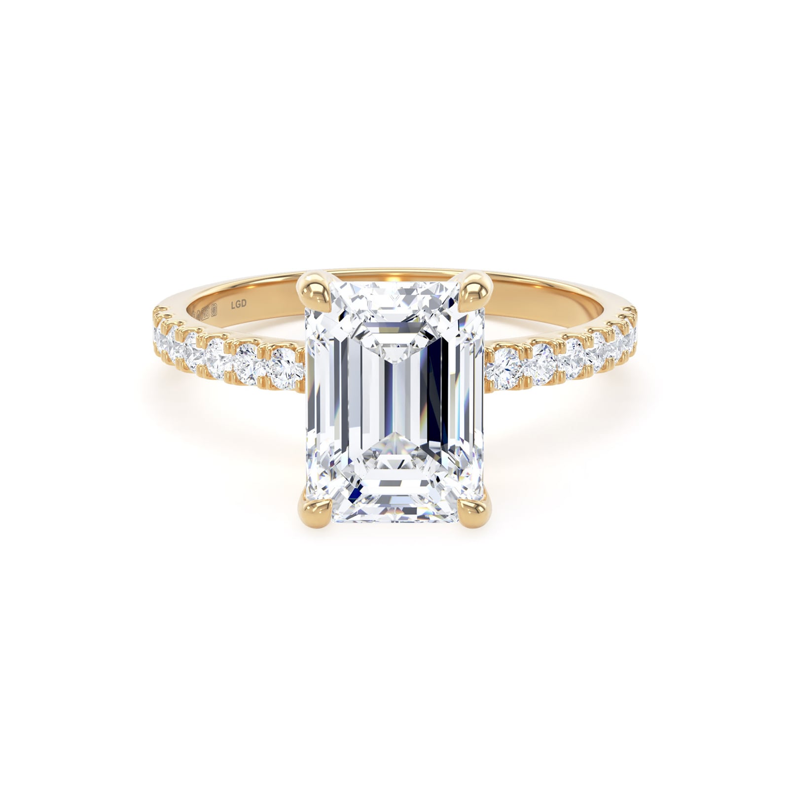 Goldsmiths 18ct Yellow Gold 2.70cttw Emerald Cut Lab Grown Diamond Set Shoulder Solitaire Engagement Ring