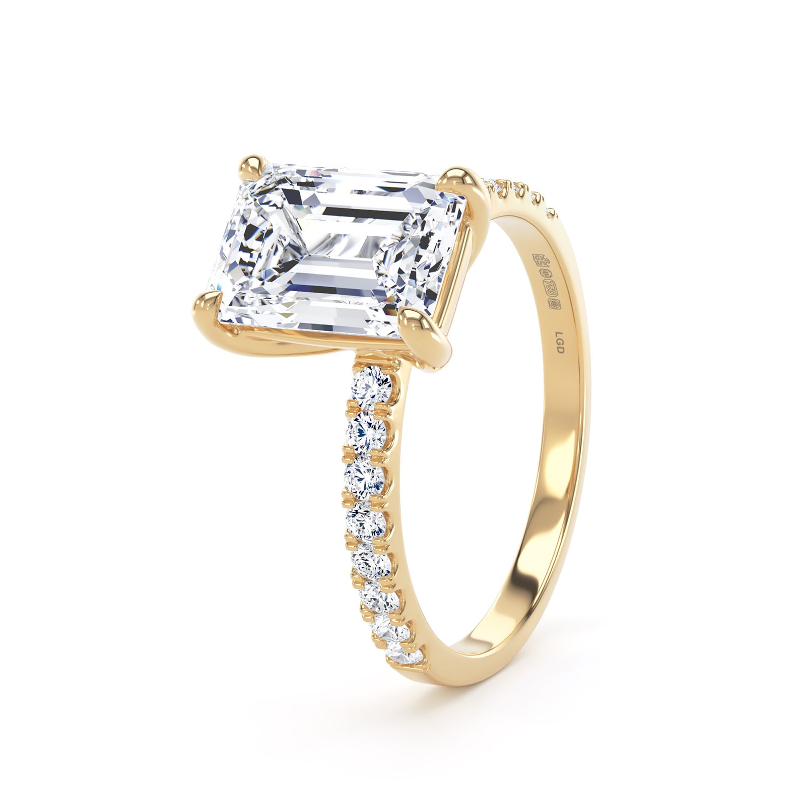 Goldsmiths 18ct Yellow Gold 2.70cttw Emerald Cut Lab Grown Diamond Set Shoulder Solitaire Engagement Ring Goldsmiths 18ct Yellow Gold 2.70cttw Emerald Cut Lab Grown Diamond Set Shoulder Solitaire Engagement Ring
