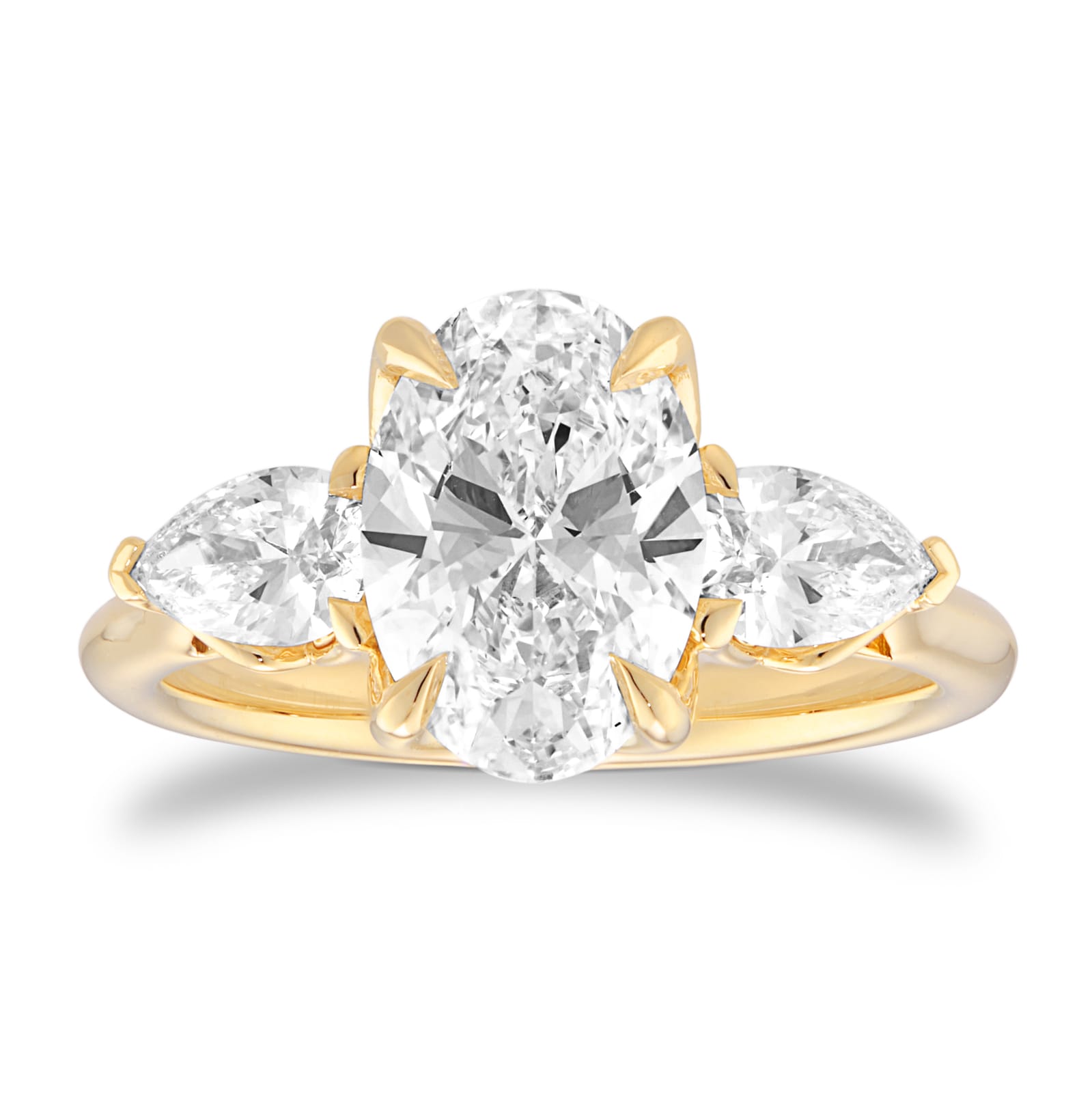 18ct Yellow Gold 2.66cttw Oval and Pear Cut Lab Grown Diamond 3 Stone Engagement Ring