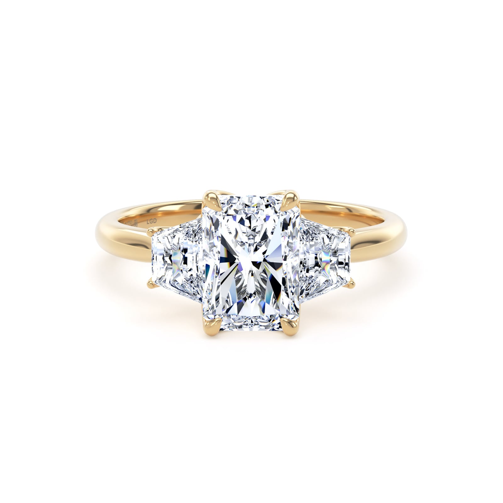 Goldsmiths 18ct Yellow Gold 2.16cttw Radiant and Trapezoid Cut Lab Grown Diamond 3 Stone Engagement Ring Goldsmiths 18ct Yellow Gold 2.16cttw Radiant and Trapezoid Cut Lab Grown Diamond 3 Stone Engagement Ring