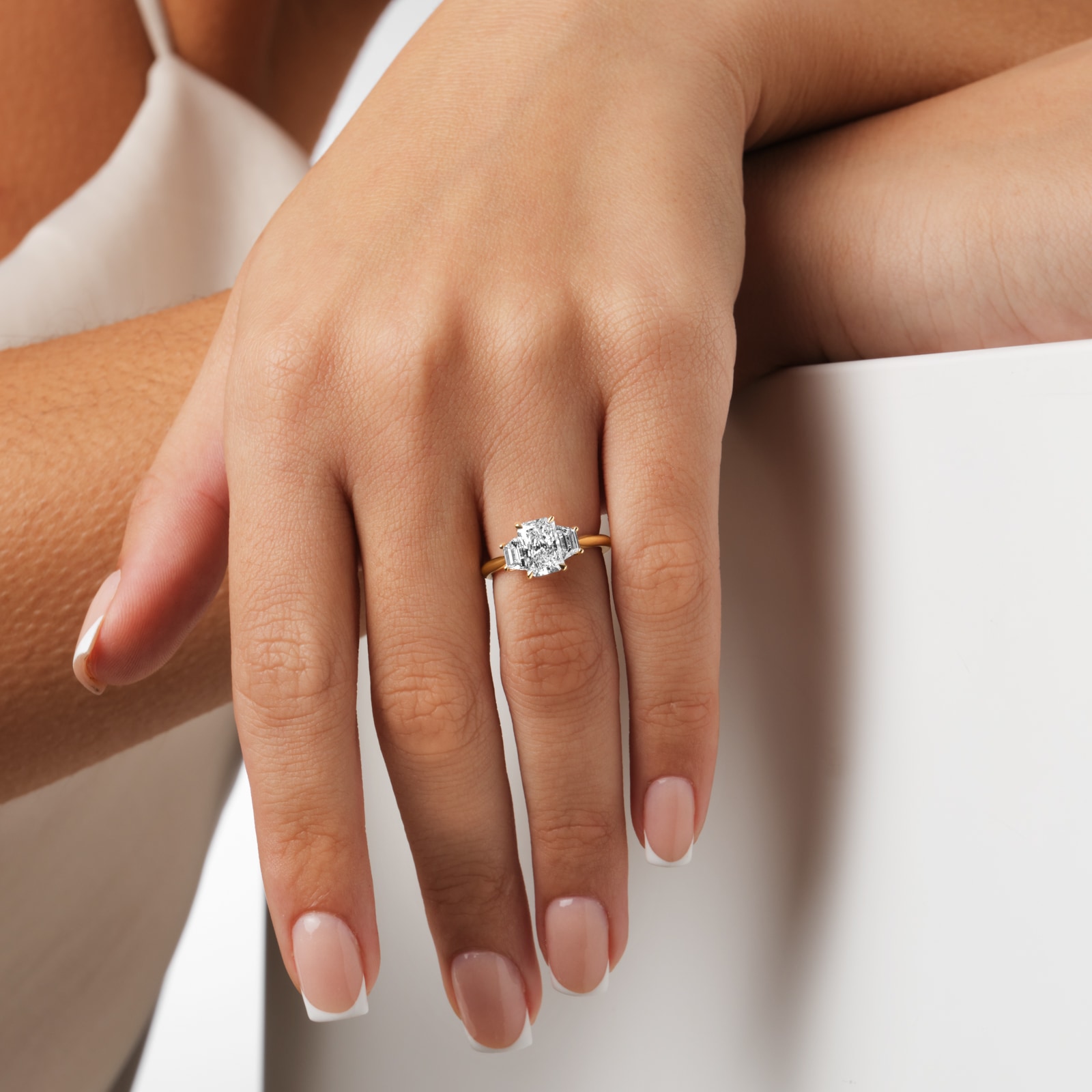 Goldsmiths 18ct Yellow Gold 2.16cttw Radiant and Trapezoid Cut Lab Grown Diamond 3 Stone Engagement Ring