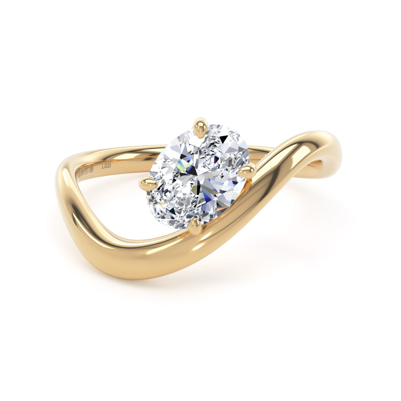Goldsmiths 9ct Yellow Gold 1.00cttw Oval Cut Lab Grown Diamond Soitaire Wave Ring