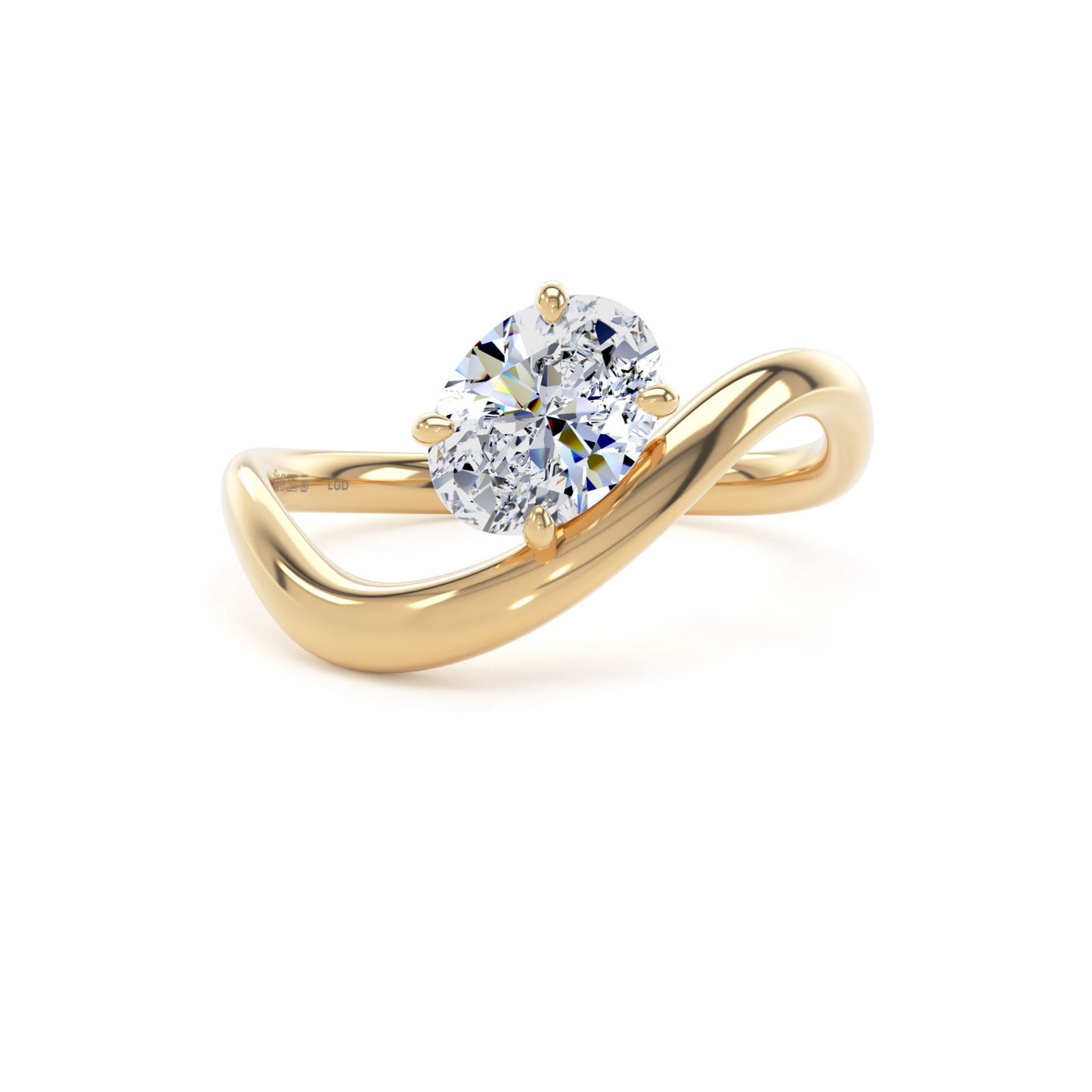 Goldsmiths 9ct Yellow Gold 1.00cttw Oval Cut Lab Grown Diamond Soitaire Wave Ring