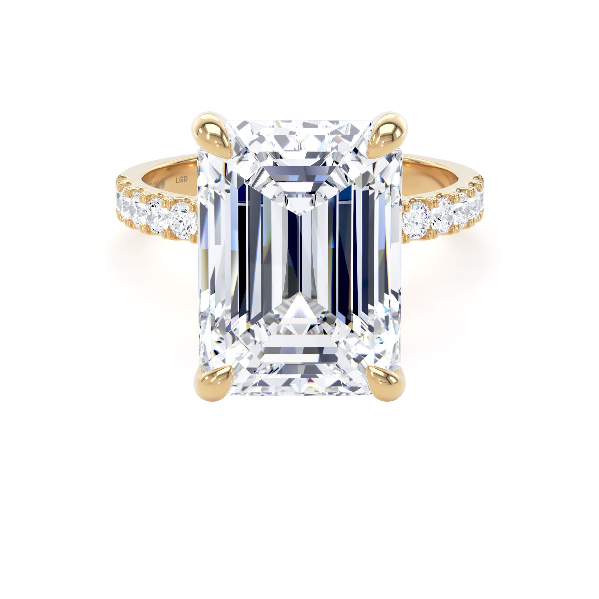 18ct Yellow Gold 7.25cttw Emerald Cut Lab Grown Diamond Set Shoulder Solitaire Engagement Ring