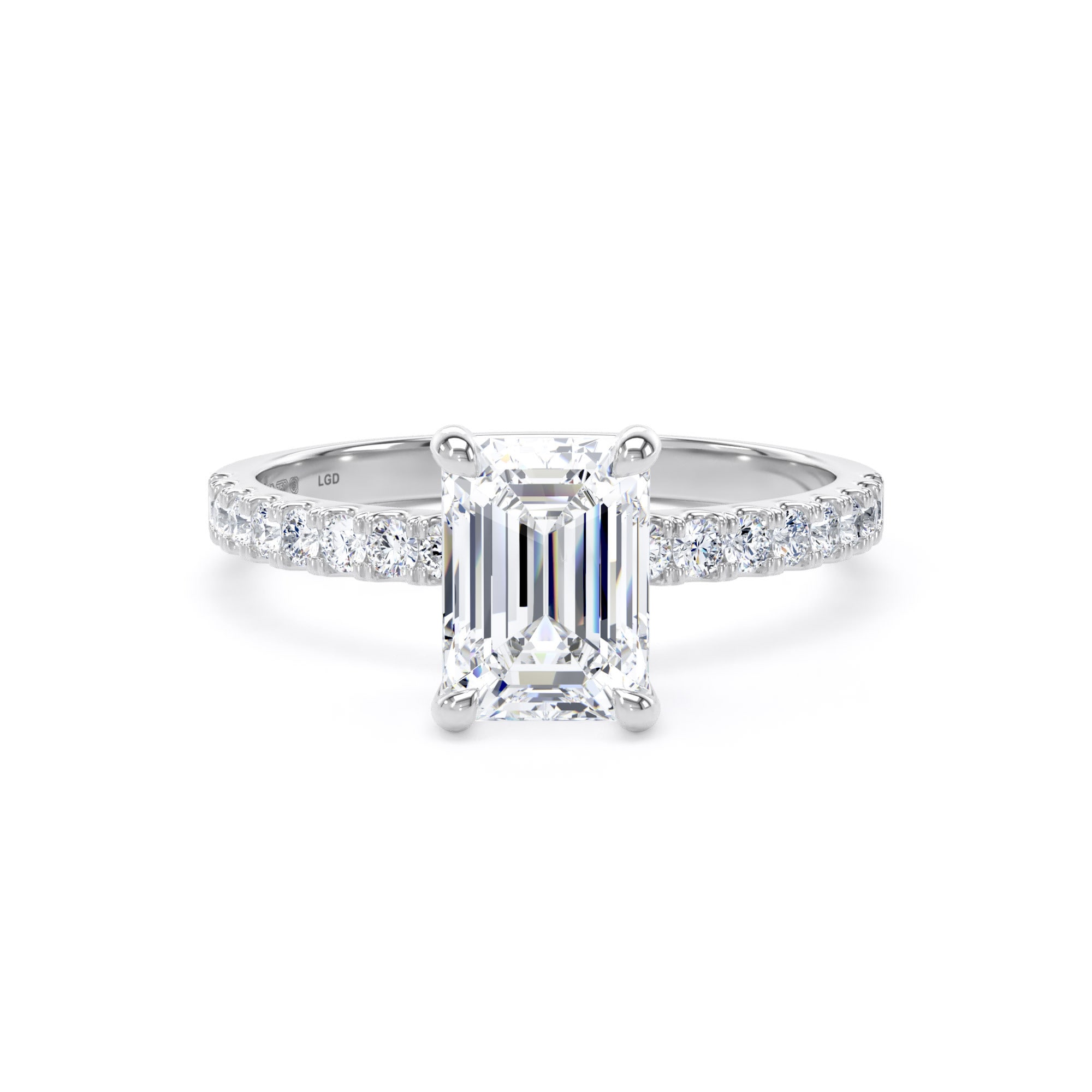 18ct White Gold 1.70cttw Emerald Cut Lab Grown Diamond Set Shoulder Solitaire Engagement Ring