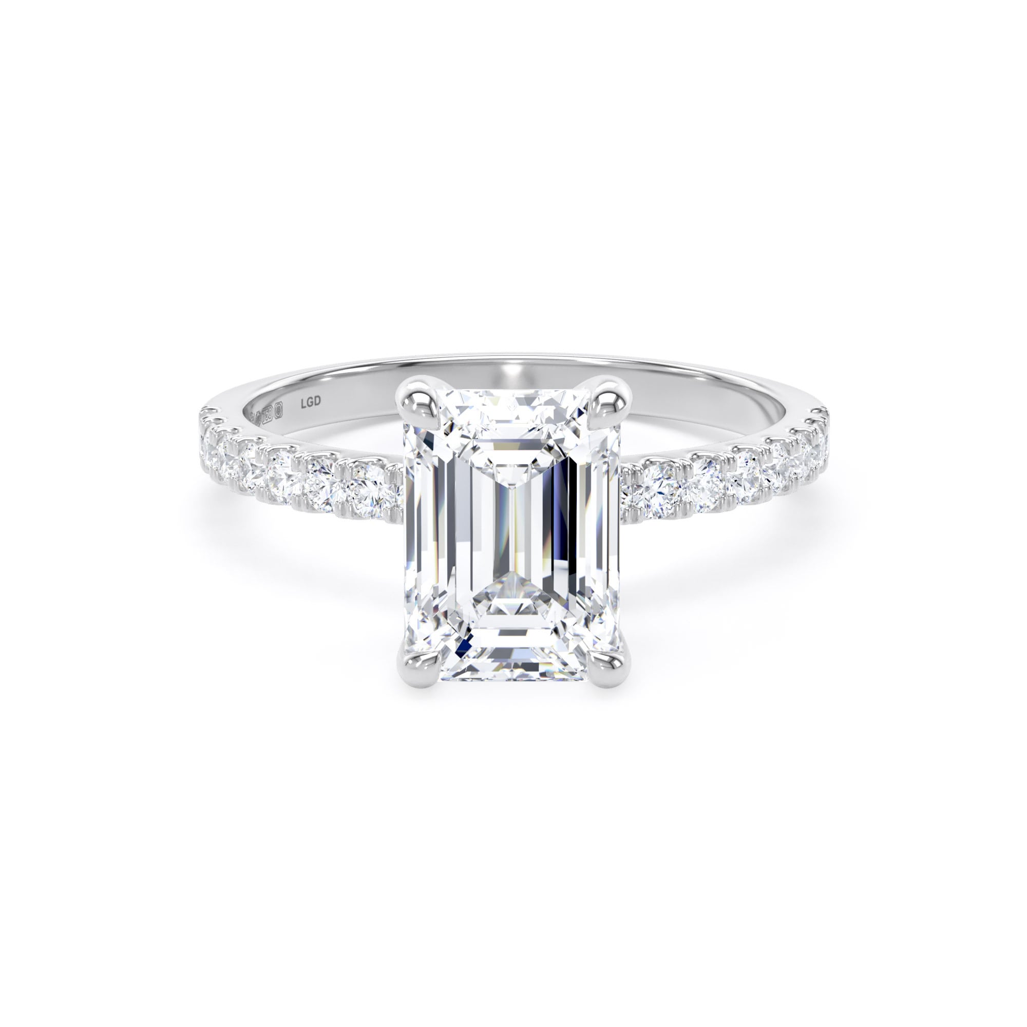 18ct White Gold 2.20cttw Emerald Cut Lab Grown Diamond Set Shoulder Solitaire Engagement Ring