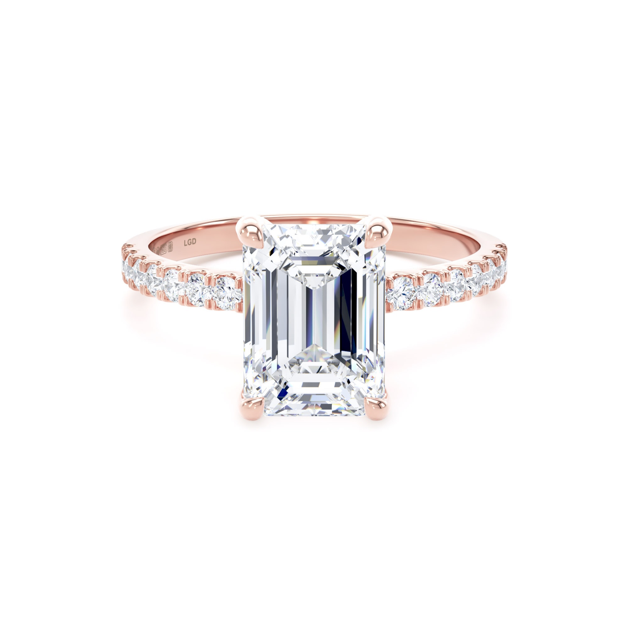 18ct Rose Gold 2.70cttw Emerald Cut Lab Grown Diamond Set Shoulder Solitaire Engagement Ring