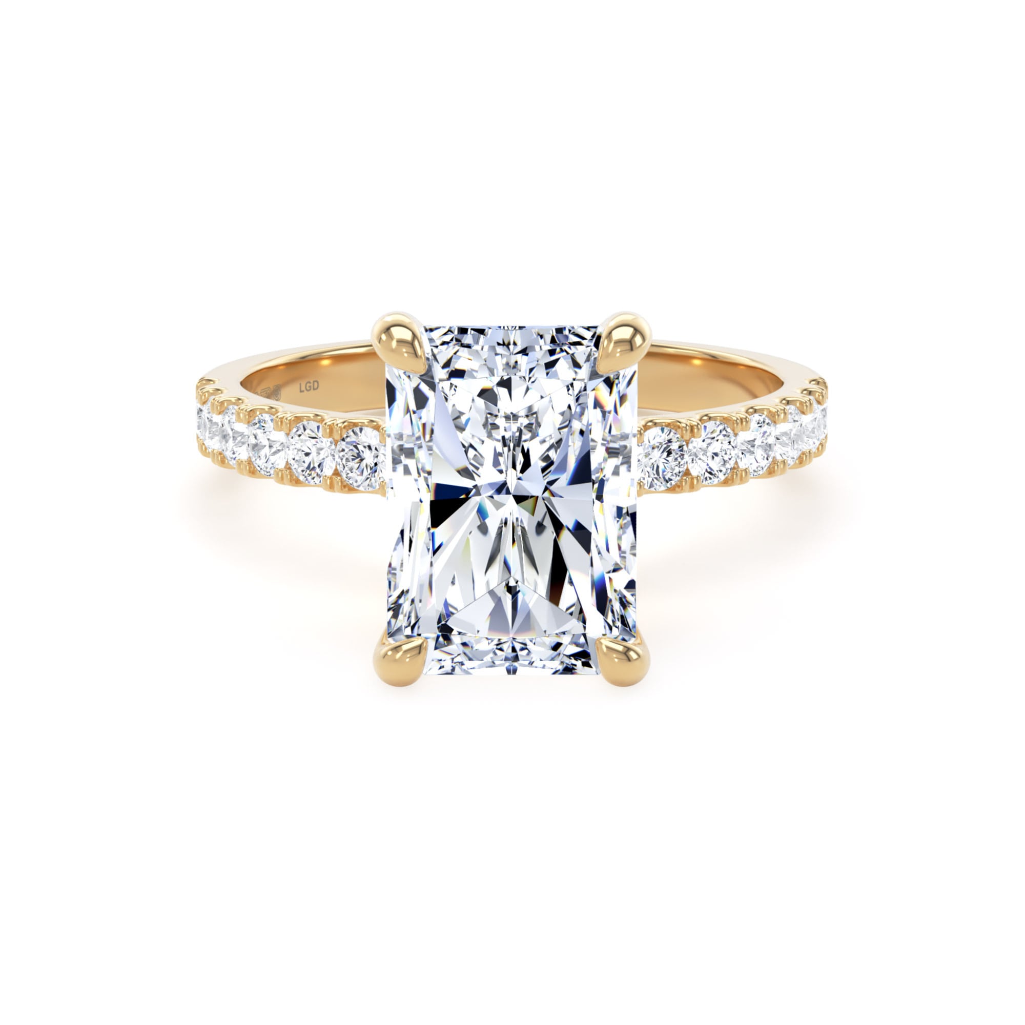 18ct Yellow Gold 4.25cttw Radiant Cut Lab Grown Diamond Set Shoulder Solitaire Engagement Ring