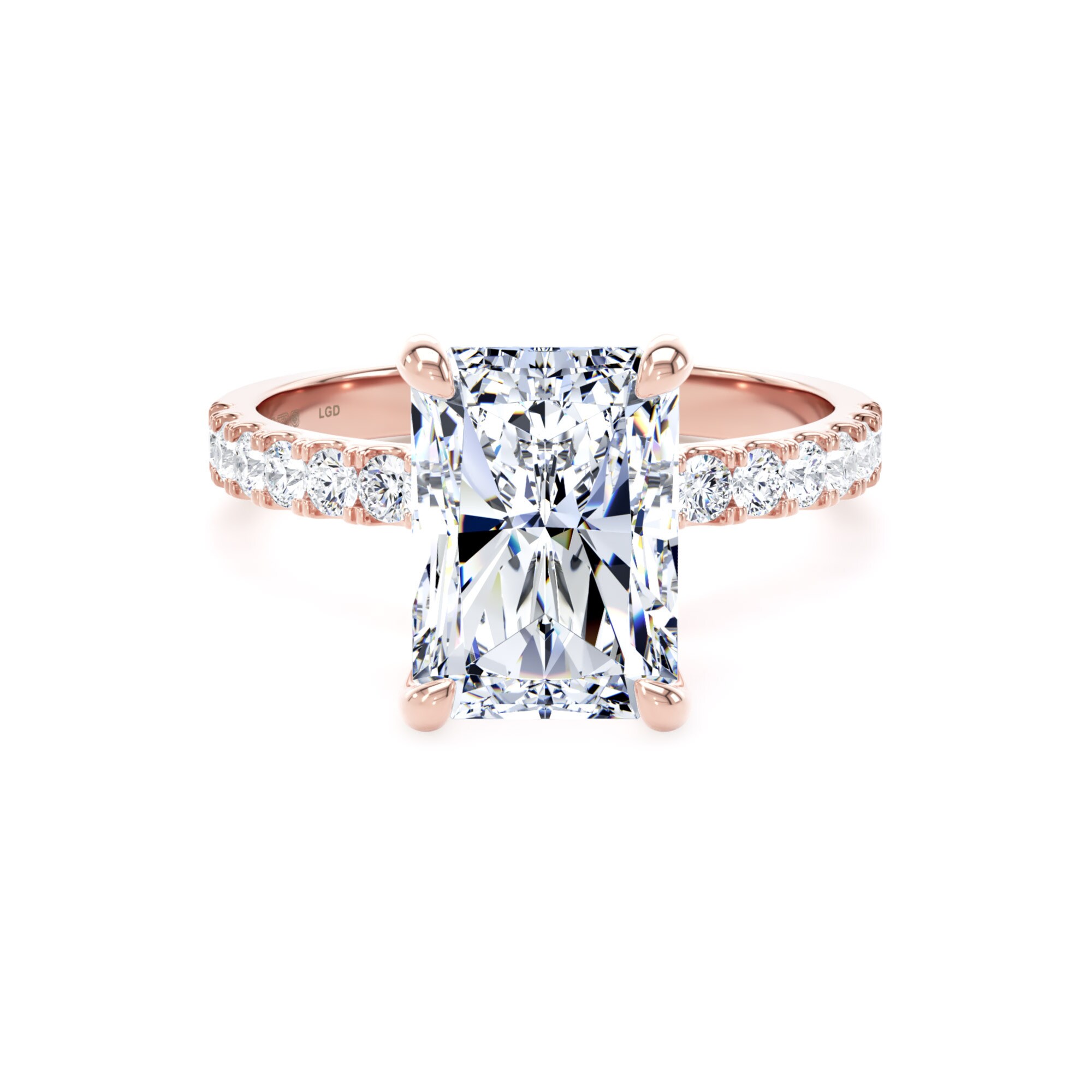 18ct Rose Gold 4.25cttw Radiant Cut Lab Grown Diamond Set Shoulder Solitaire Engagement Ring