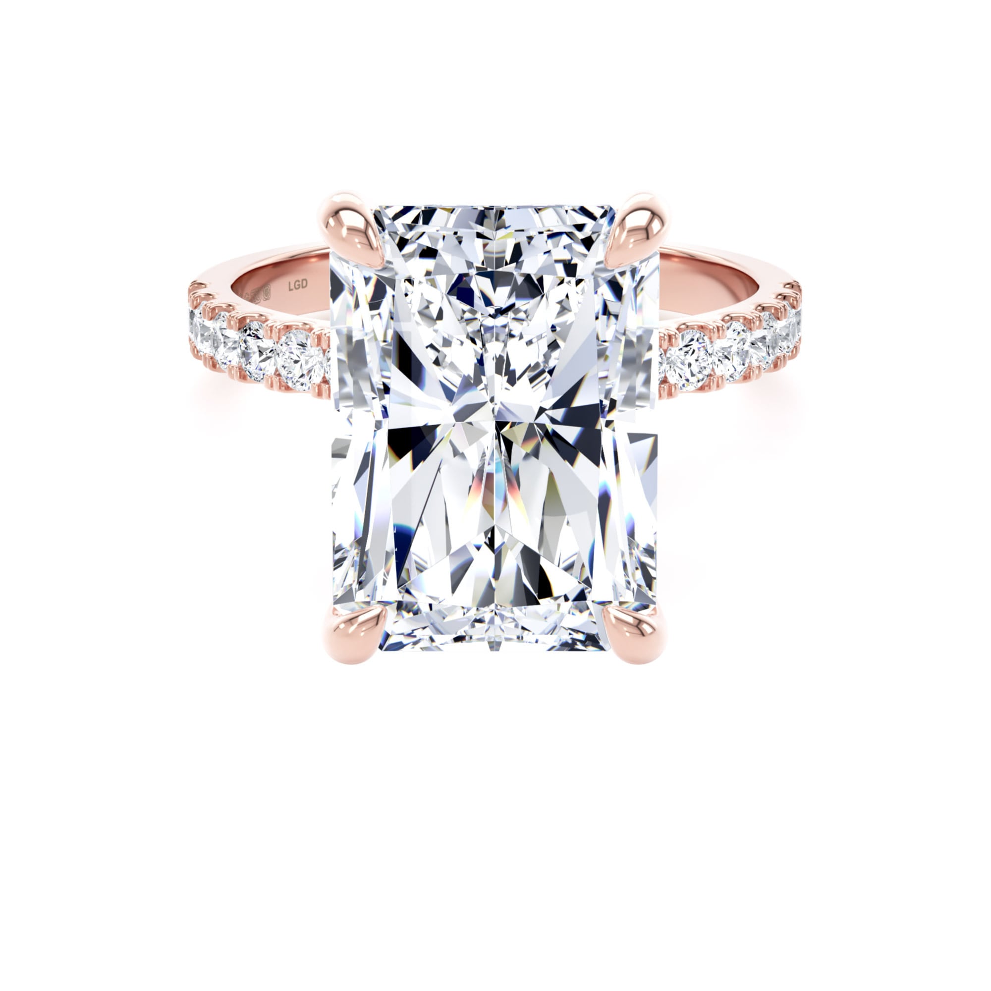 18ct Rose Gold 7.25cttw Radiant Cut Lab Grown Diamond Set Shoulder Solitaire Engagement Ring