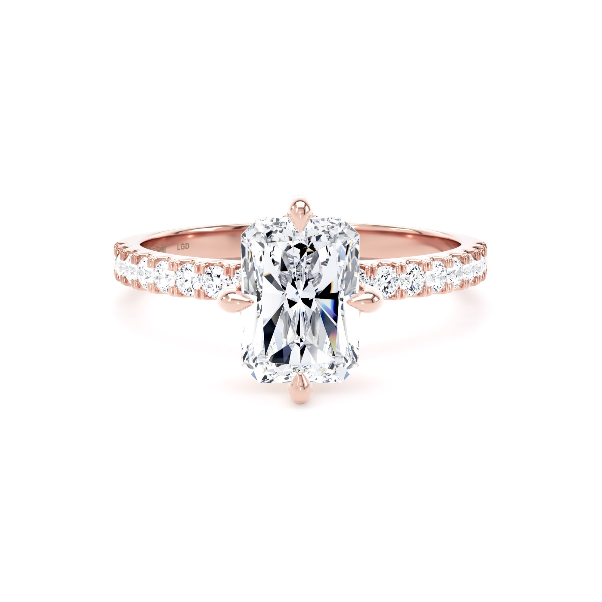 18ct Rose Gold Compass Set 2.20cttw Radiant Lab Grown Diamond Set Shoulder Solitaire Engagement Ring