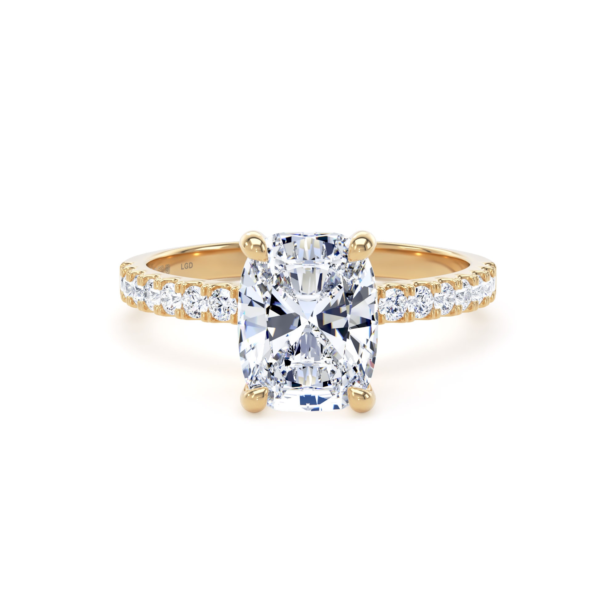 18ct Yellow Gold 2.20cttw Elongated Cushion Cut Lab Grown Diamond Set Shoulder Solitaire Engagement Ring