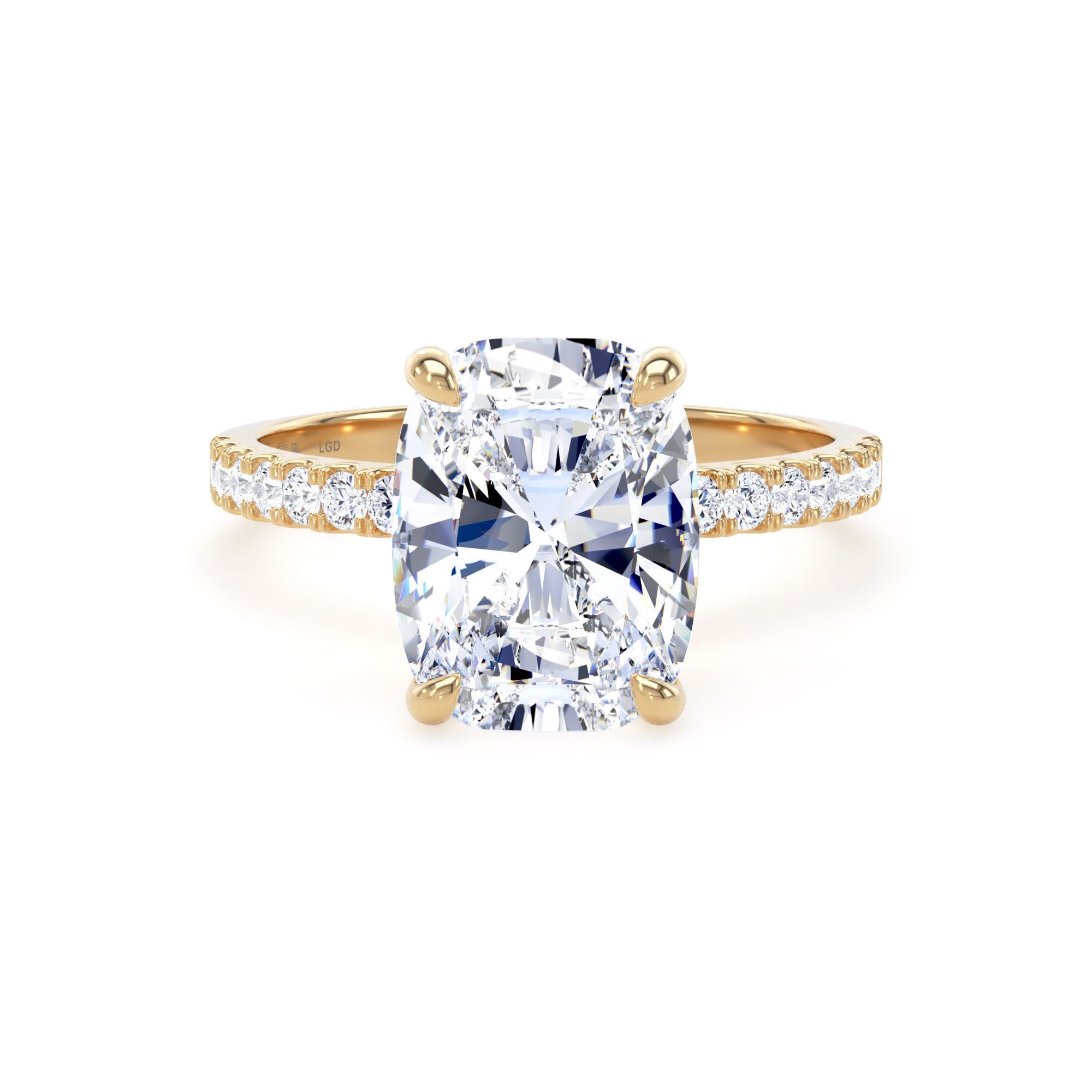 18ct Yellow Gold 4.25cttw Elongated Cushion Cut Lab Grown Diamond Set Shoulder Solitaire Engagement Ring