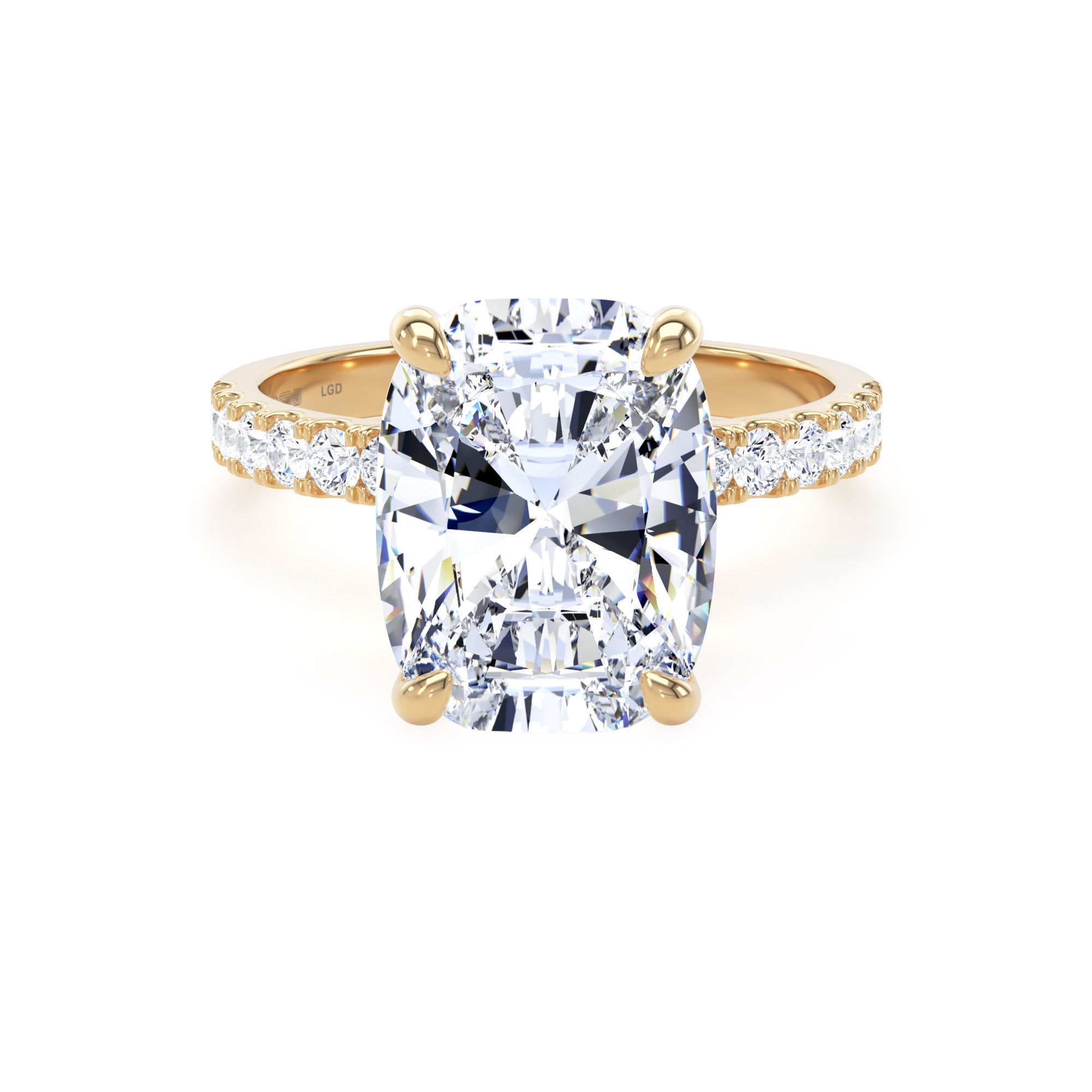 18ct Yellow Gold 5.25cttw Elongated Cushion Cut Lab Grown Diamond Set Shoulder Solitaire Engagement Ring