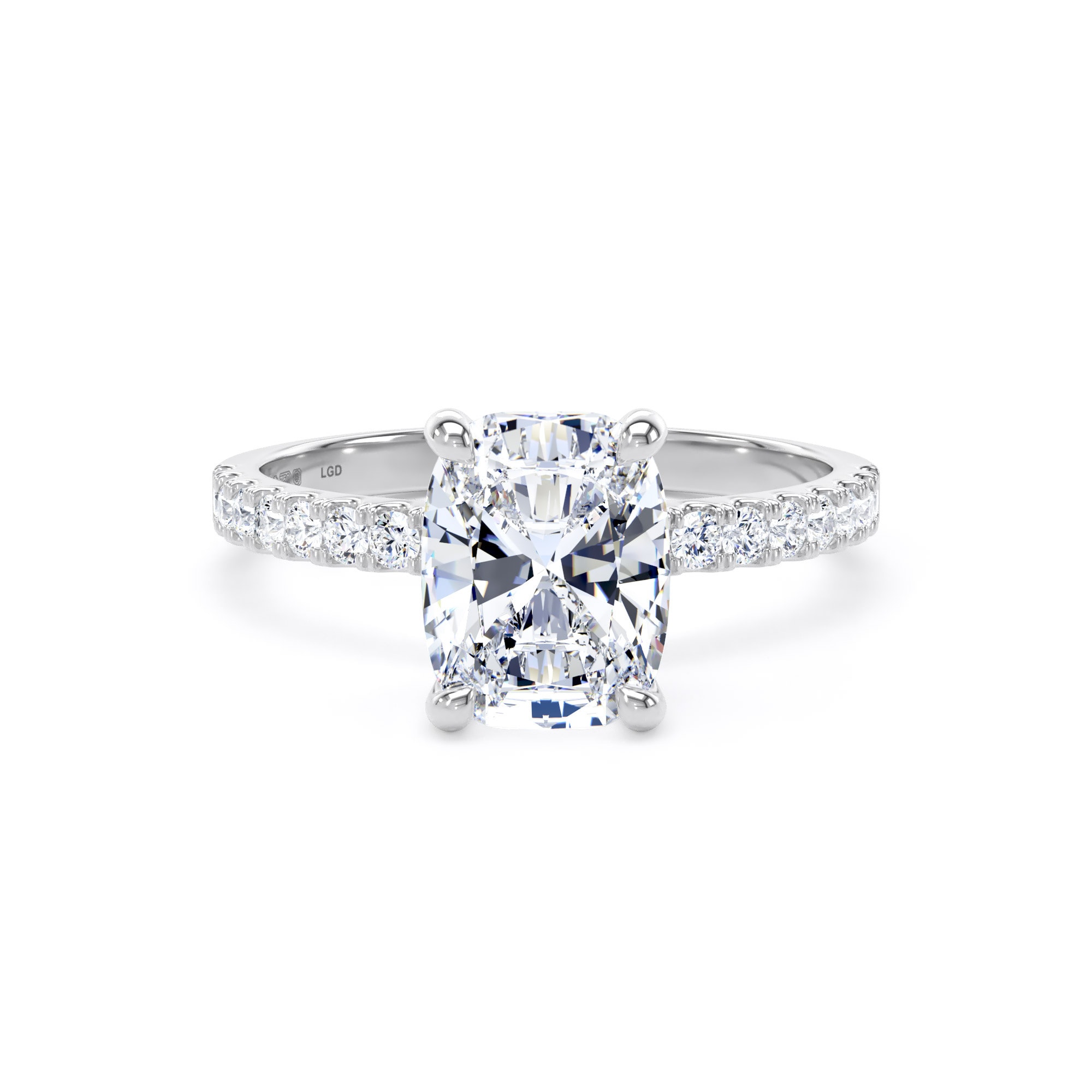 18ct White Gold 2.20cttw Elongated Cushion Cut Lab Grown Diamond Set Shoulder Solitaire Engagement Ring