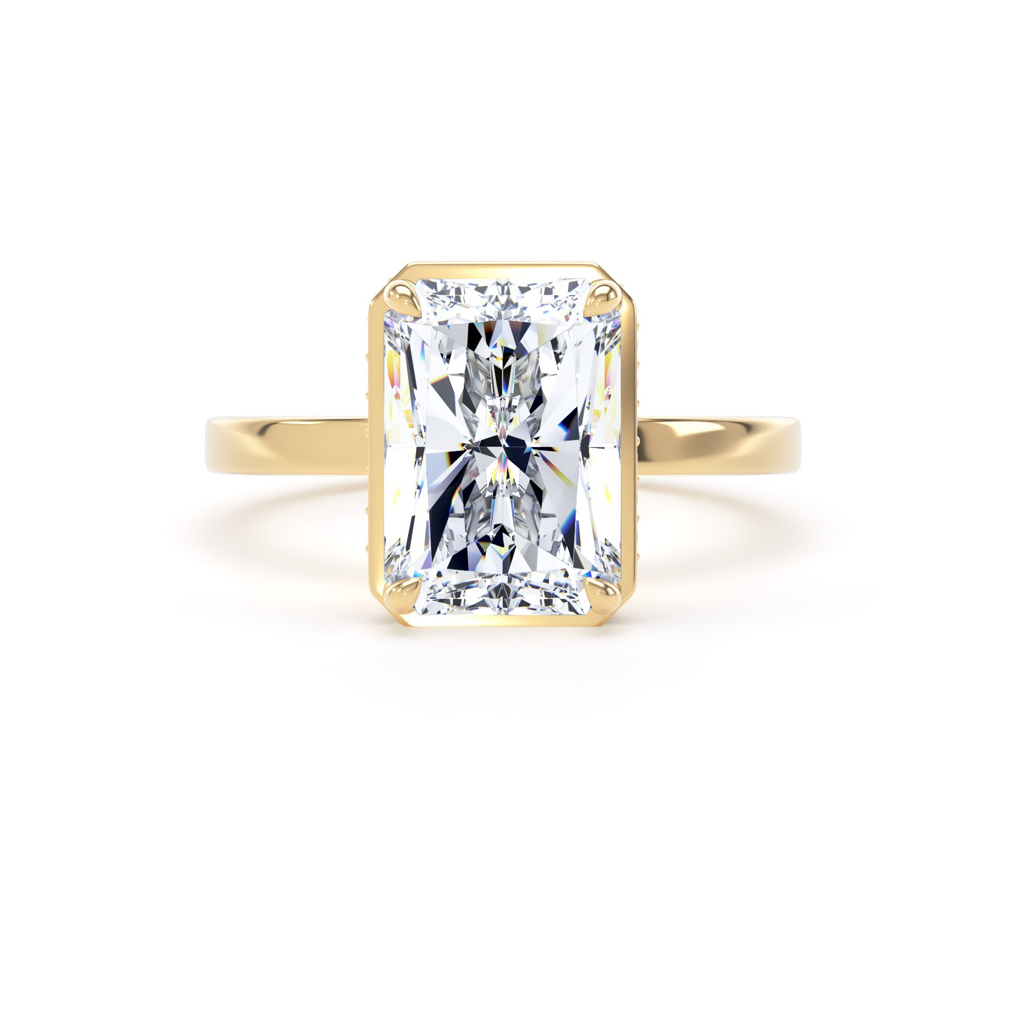 Goldsmiths 18ct Yellow Gold 4.17cttw Radiant Cut Lab Grown Diamond Hidden Halo Solitaire Engagement Ring - Ring Size H Goldsmiths 18ct Yellow Gold 4.17cttw Radiant Cut Lab Grown Diamond Hidden Halo Solitaire Engagement Ring - Ring Size H