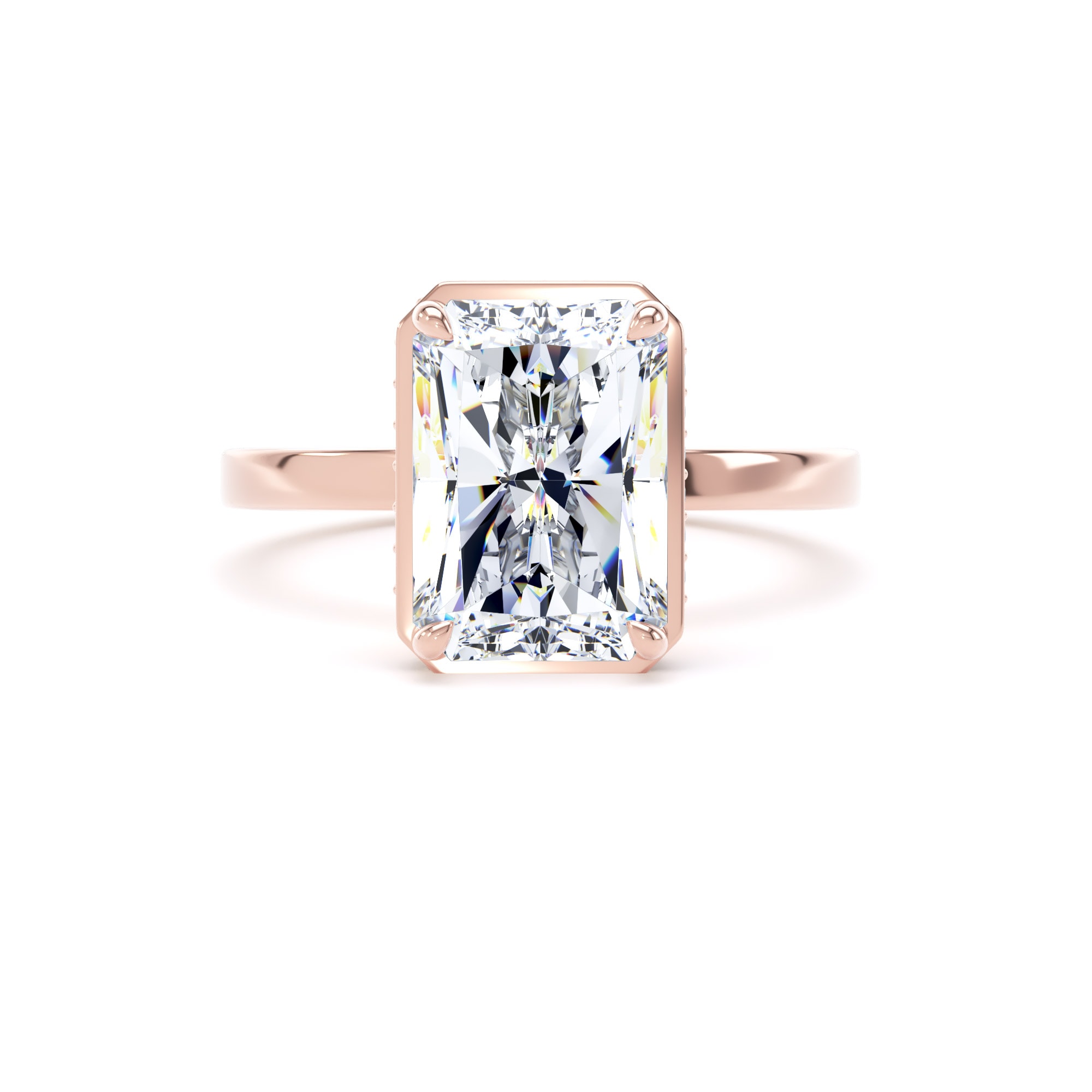 Goldsmiths 18ct Rose Gold 4.17cttw Radiant Cut Lab Grown Diamond Hidden Halo Solitaire Engagement Ring - Ring Size Q.5 Goldsmiths 18ct Rose Gold 4.17cttw Radiant Cut Lab Grown Diamond Hidden Halo Solitaire Engagement Ring - Ring Size Q.5