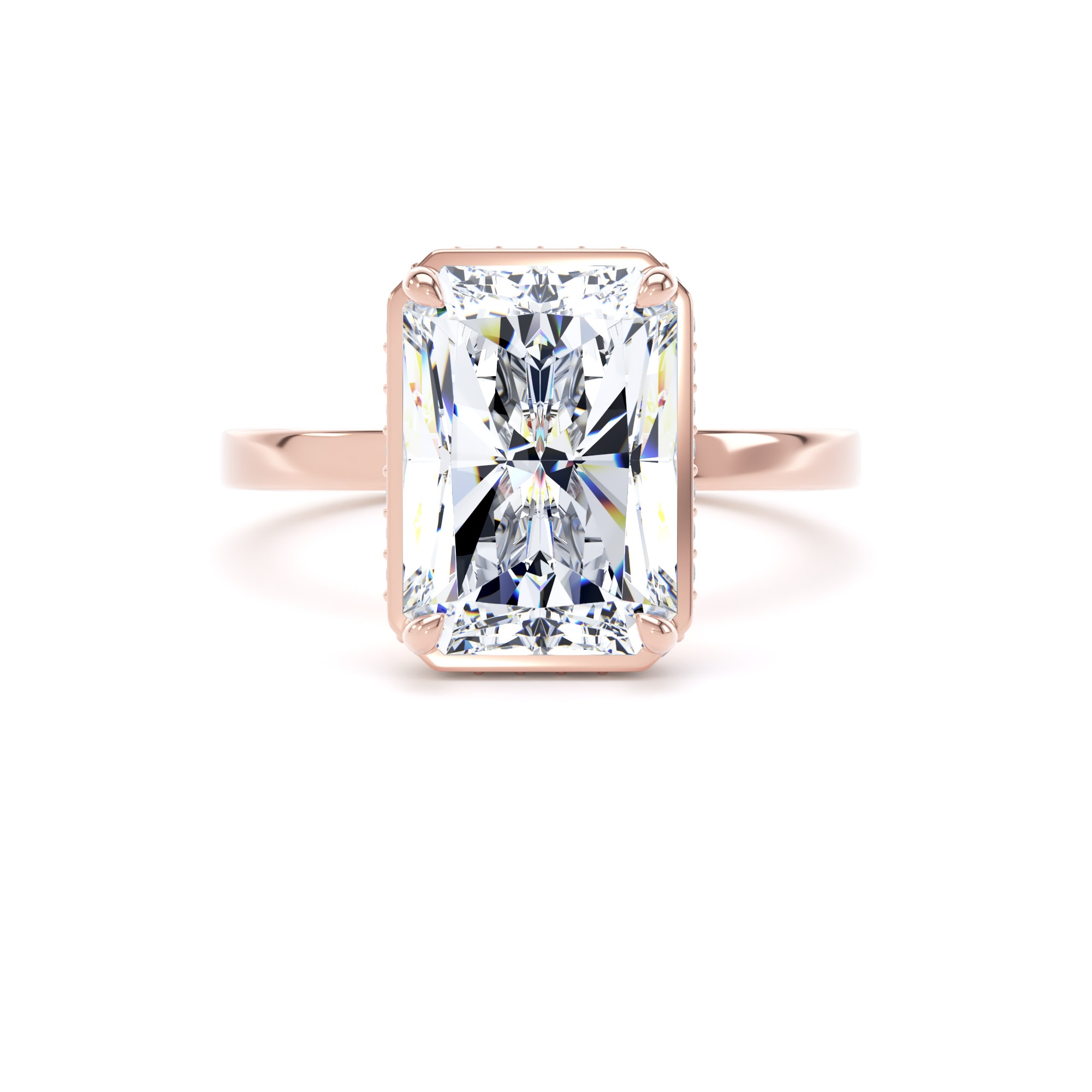 Goldsmiths 18ct Rose Gold 5.19cttw Radiant Cut Lab Grown Diamond Hidden Halo Solitaire Engagement Ring - Ring Size M Goldsmiths 18ct Rose Gold 5.19cttw Radiant Cut Lab Grown Diamond Hidden Halo Solitaire Engagement Ring - Ring Size M