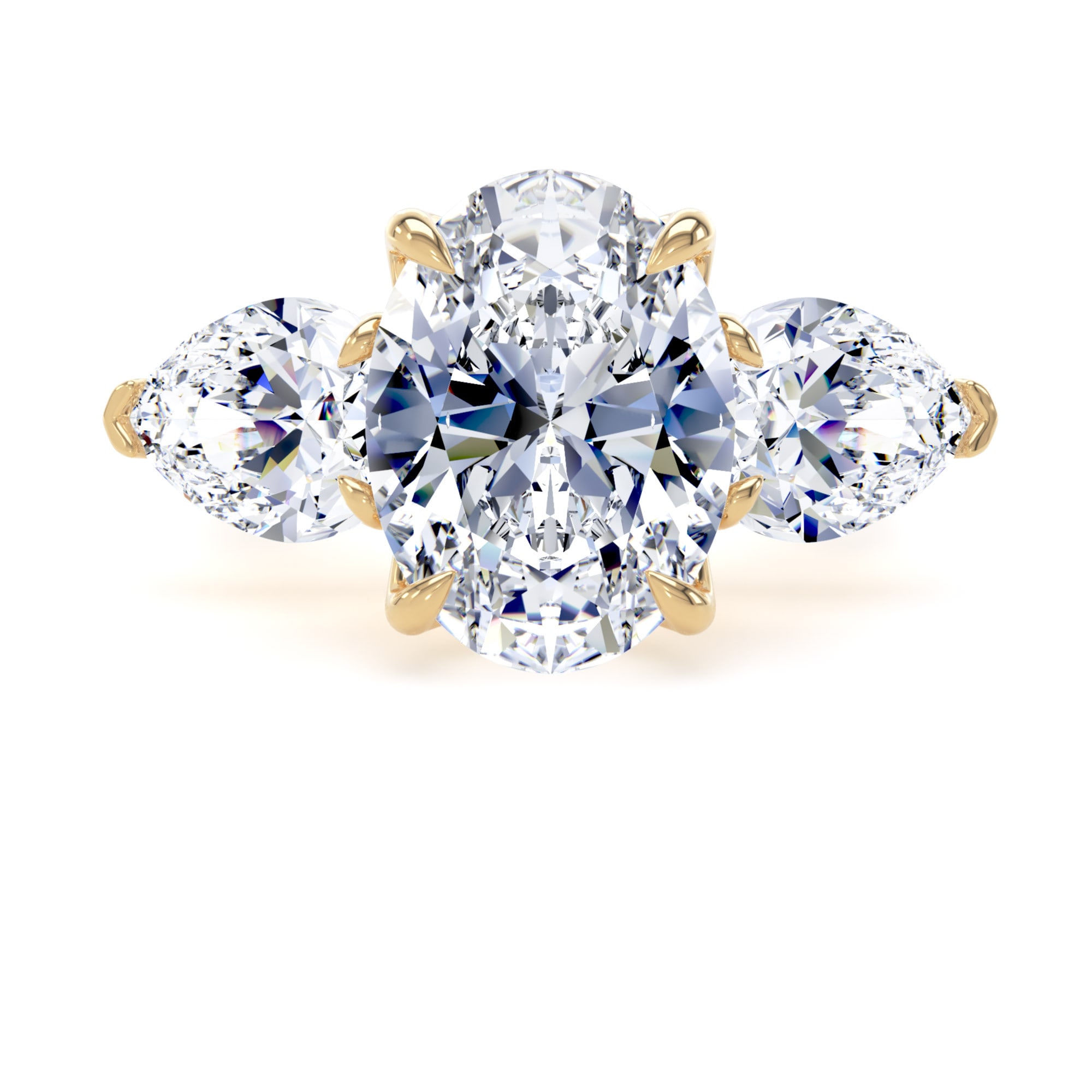 Goldsmiths 18ct Yellow Gold 6.40cttw Oval and Pear Cut Lab Grown Diamond 3 Stone Engagement Ring - Ring Size F Goldsmiths 18ct Yellow Gold 6.40cttw Oval and Pear Cut Lab Grown Diamond 3 Stone Engagement Ring - Ring Size F
