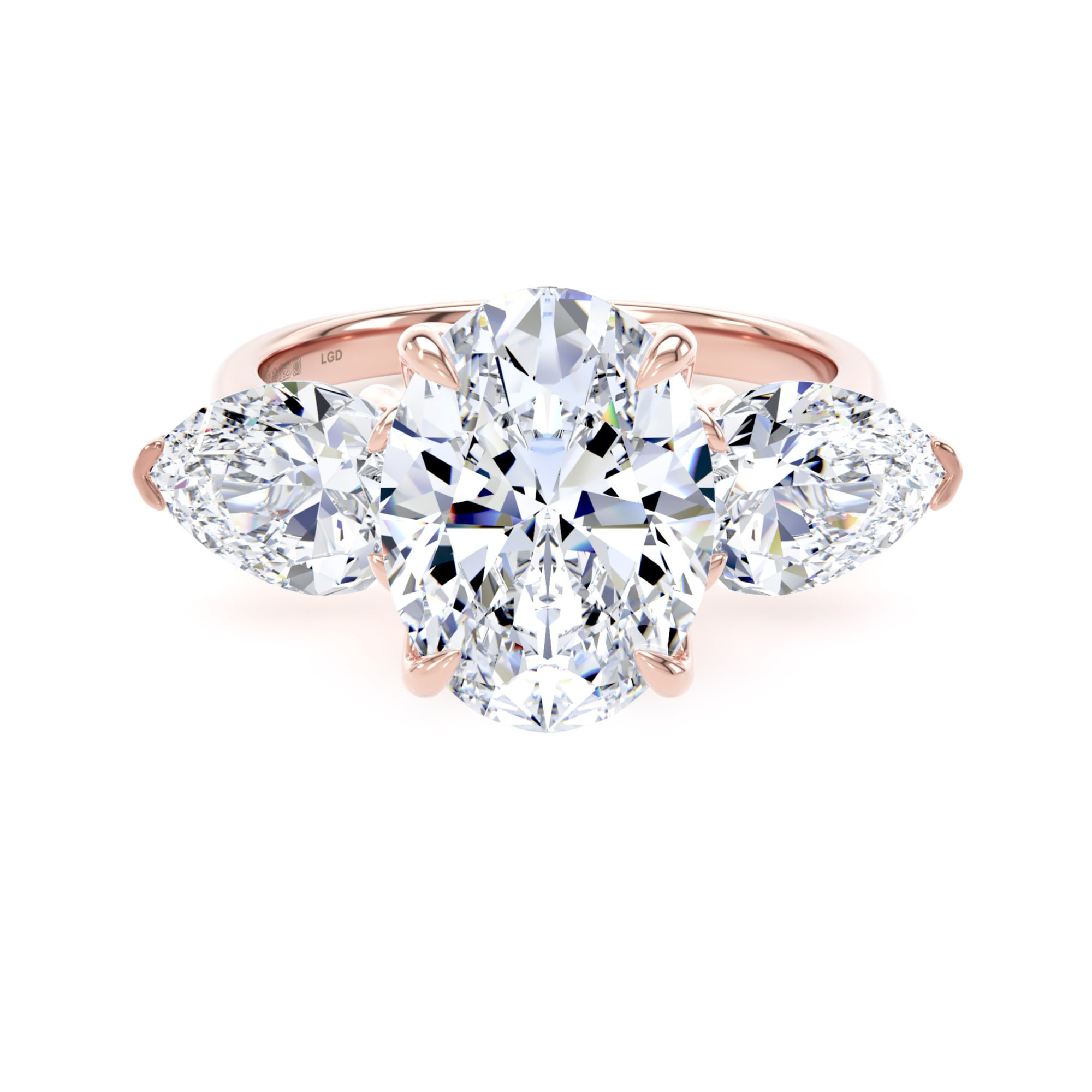 18ct Rose Gold 5.20cttw Oval and Pear Cut Lab Grown Diamond 3 Stone Engagement Ring