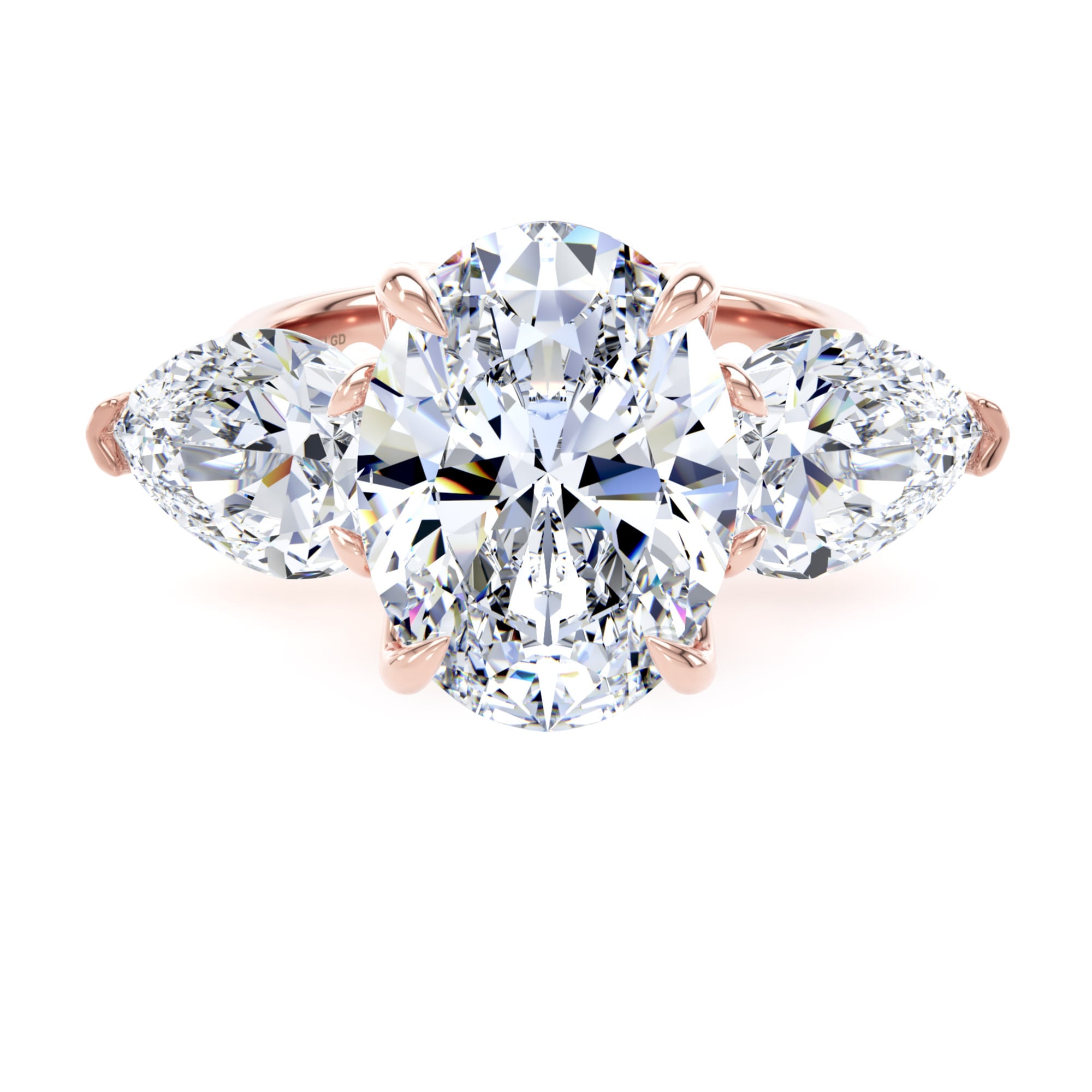18ct Rose Gold 6.40cttw Oval and Pear Cut Lab Grown Diamond 3 Stone Engagement Ring