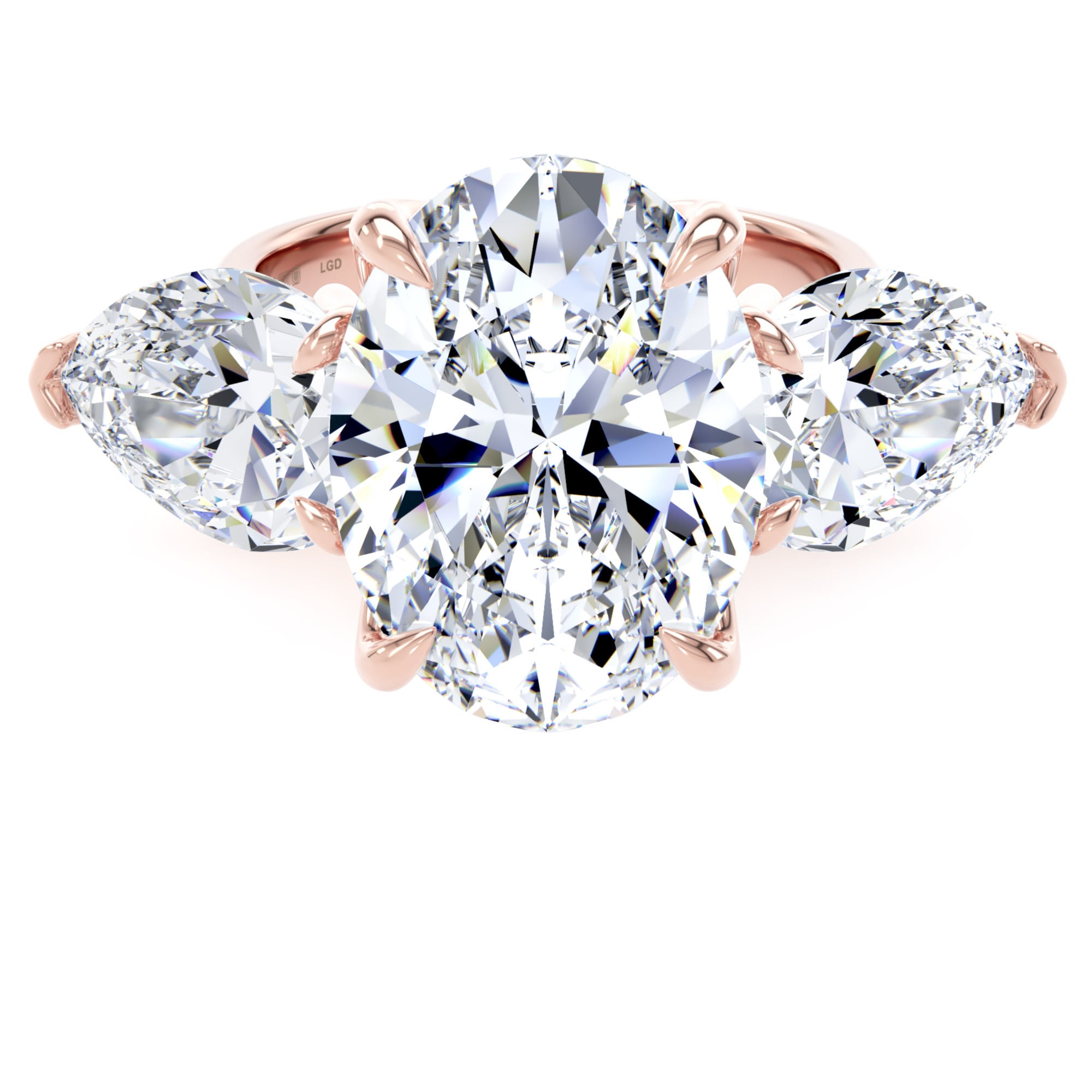18ct Rose Gold 9.00cttw Oval and Pear Cut Lab Grown Diamond 3 Stone Engagement Ring