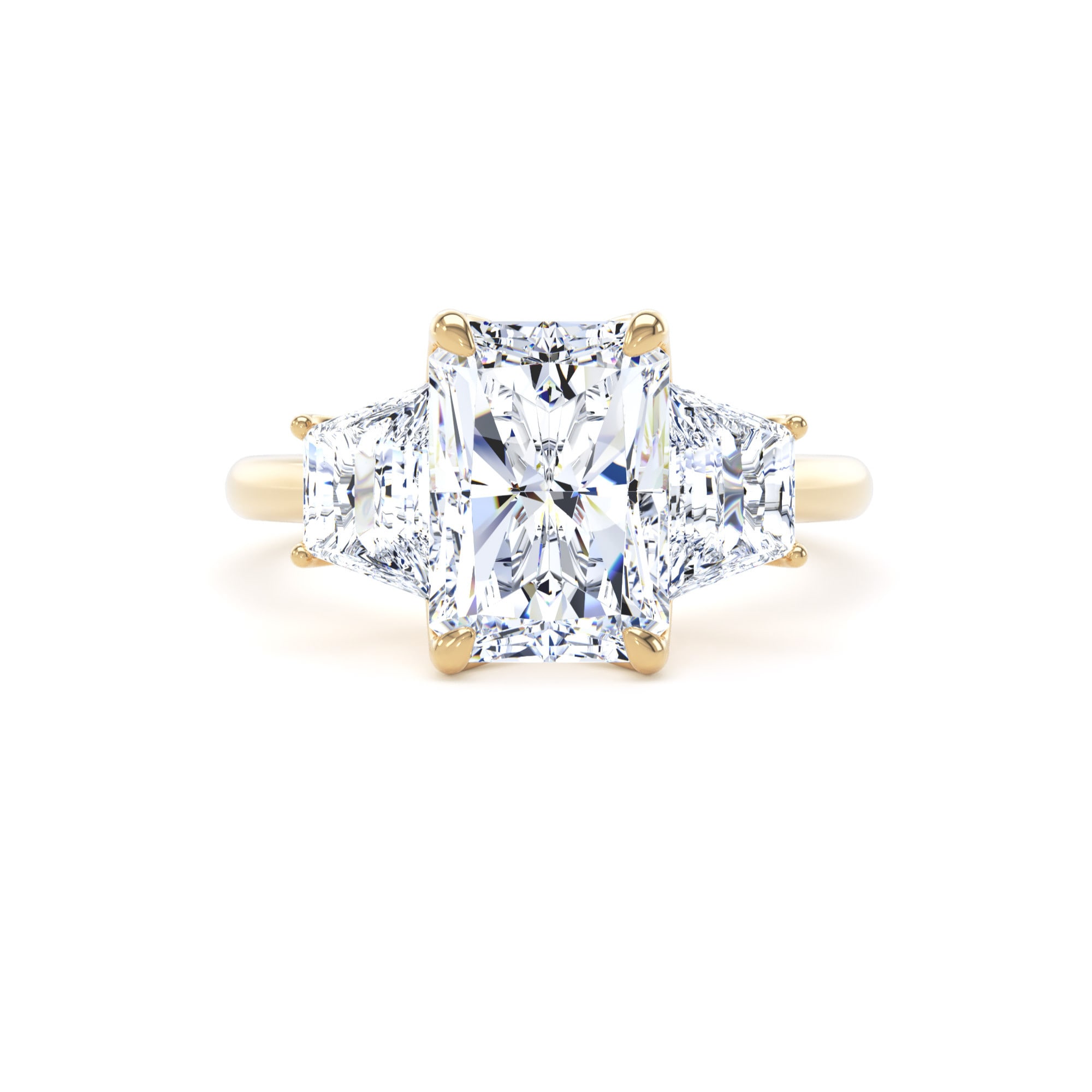 Goldsmiths 18ct Yellow Gold 4.20cttw Radiant and Trapezoid Cut Lab Grown Diamond 3 Stone Engagement Ring - Ring Size U Goldsmiths 18ct Yellow Gold 4.20cttw Radiant and Trapezoid Cut Lab Grown Diamond 3 Stone Engagement Ring - Ring Size U
