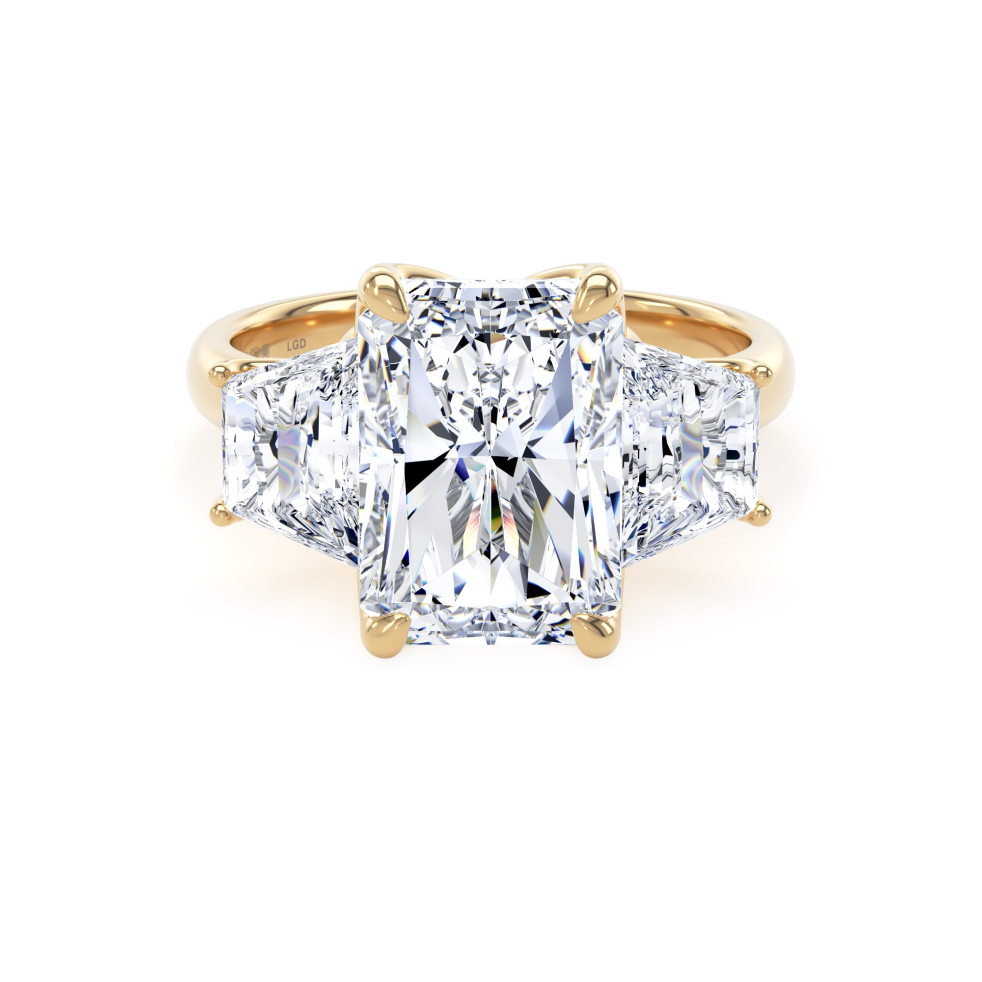 18ct Yellow Gold 6.40cttw Radiant and Trapezoid Cut Lab Grown Diamond 3 Stone Engagement Ring
