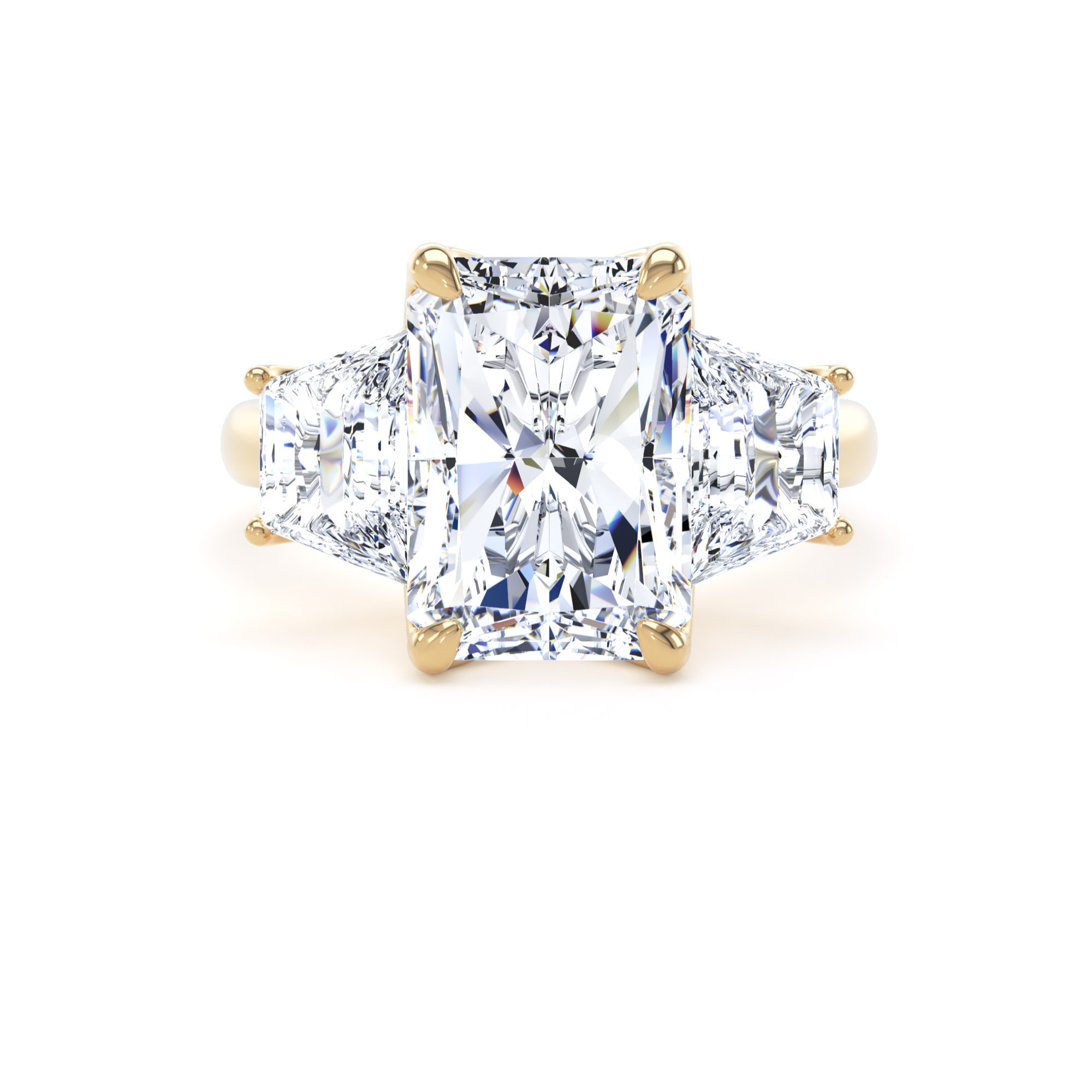 Goldsmiths 18ct Yellow Gold 7.00cttw Radiant and Trapezoid Cut Lab Grown Diamond 3 Stone Engagement Ring - Ring Size I.5 Goldsmiths 18ct Yellow Gold 7.00cttw Radiant and Trapezoid Cut Lab Grown Diamond 3 Stone Engagement Ring - Ring Size I.5