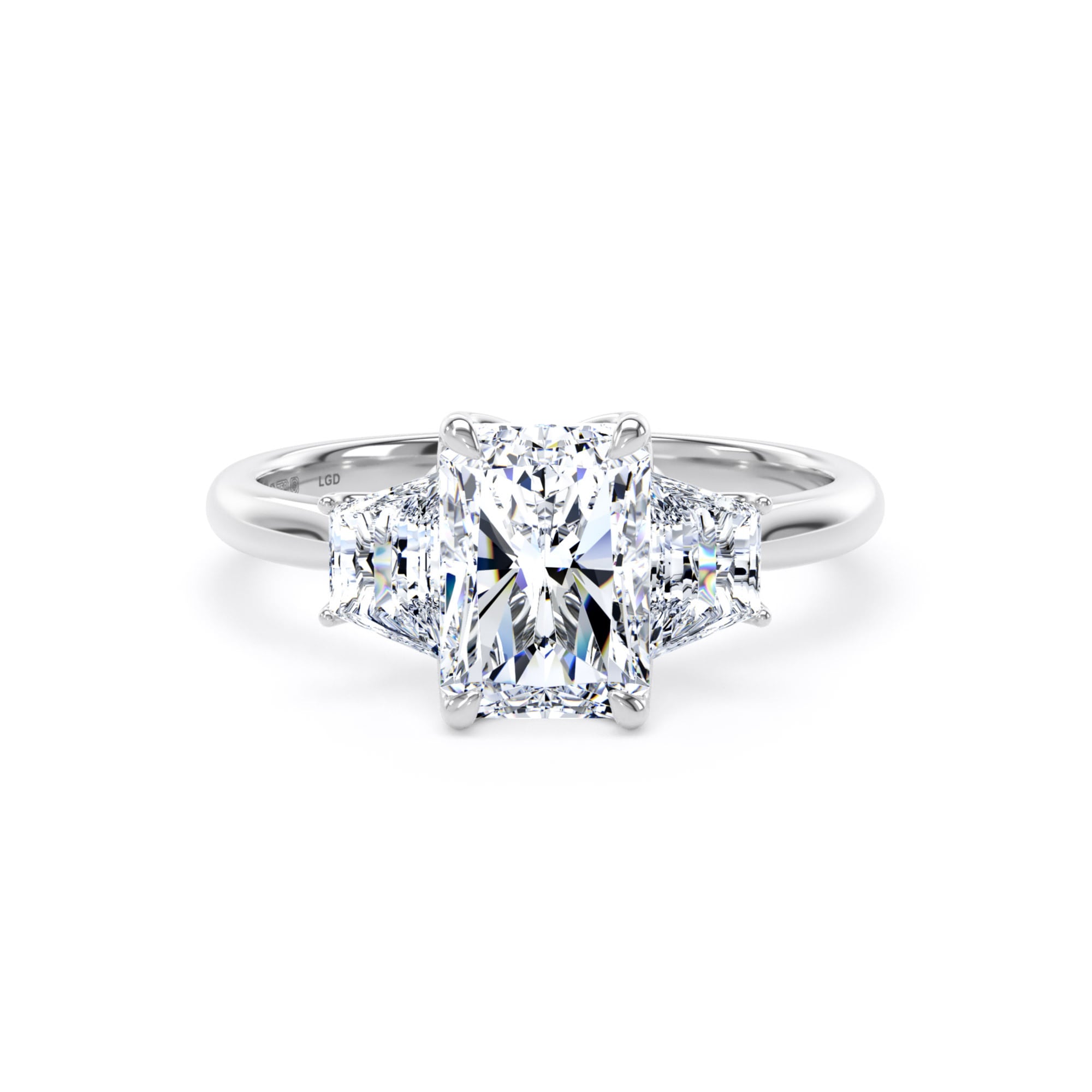 18ct White Gold 2.20cttw Radiant and Trapezoid Cut Lab Grown Diamond 3 Stone Engagement Ring