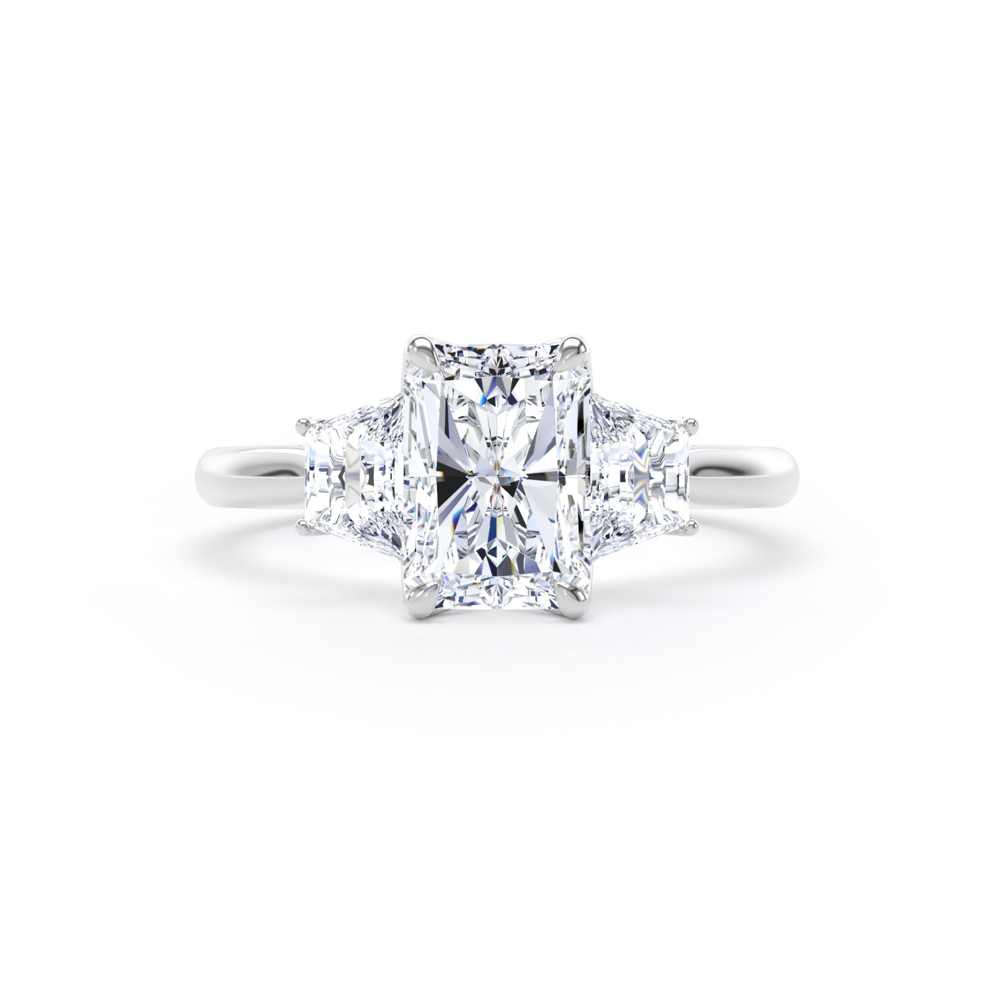 Goldsmiths 18ct White Gold 2.20cttw Radiant and Trapezoid Cut Lab Grown Diamond 3 Stone Engagement Ring - Ring Size V.5 Goldsmiths 18ct White Gold 2.20cttw Radiant and Trapezoid Cut Lab Grown Diamond 3 Stone Engagement Ring - Ring Size V.5