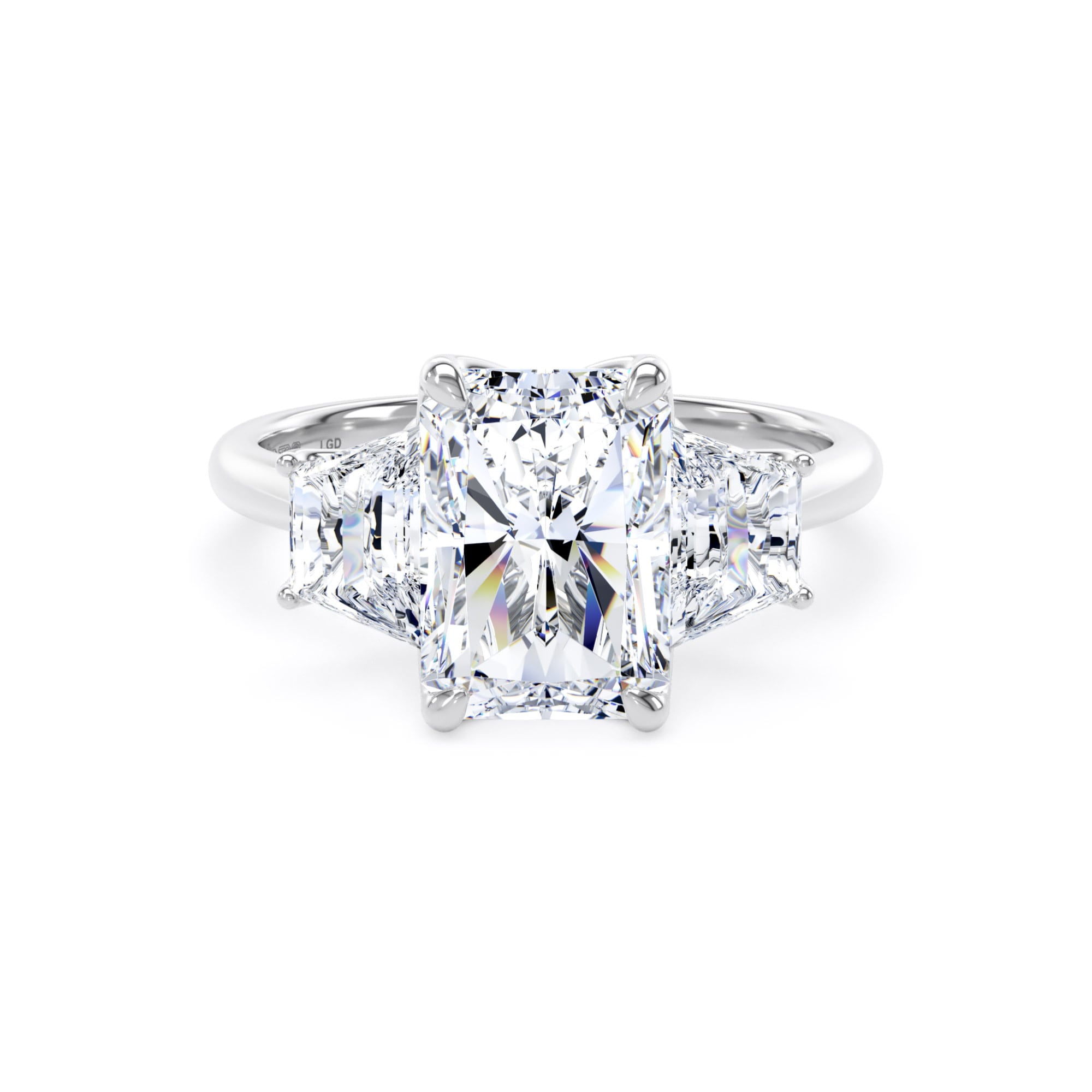 18ct White Gold 4.20cttw Radiant and Trapezoid Cut Lab Grown Diamond 3 Stone Engagement Ring