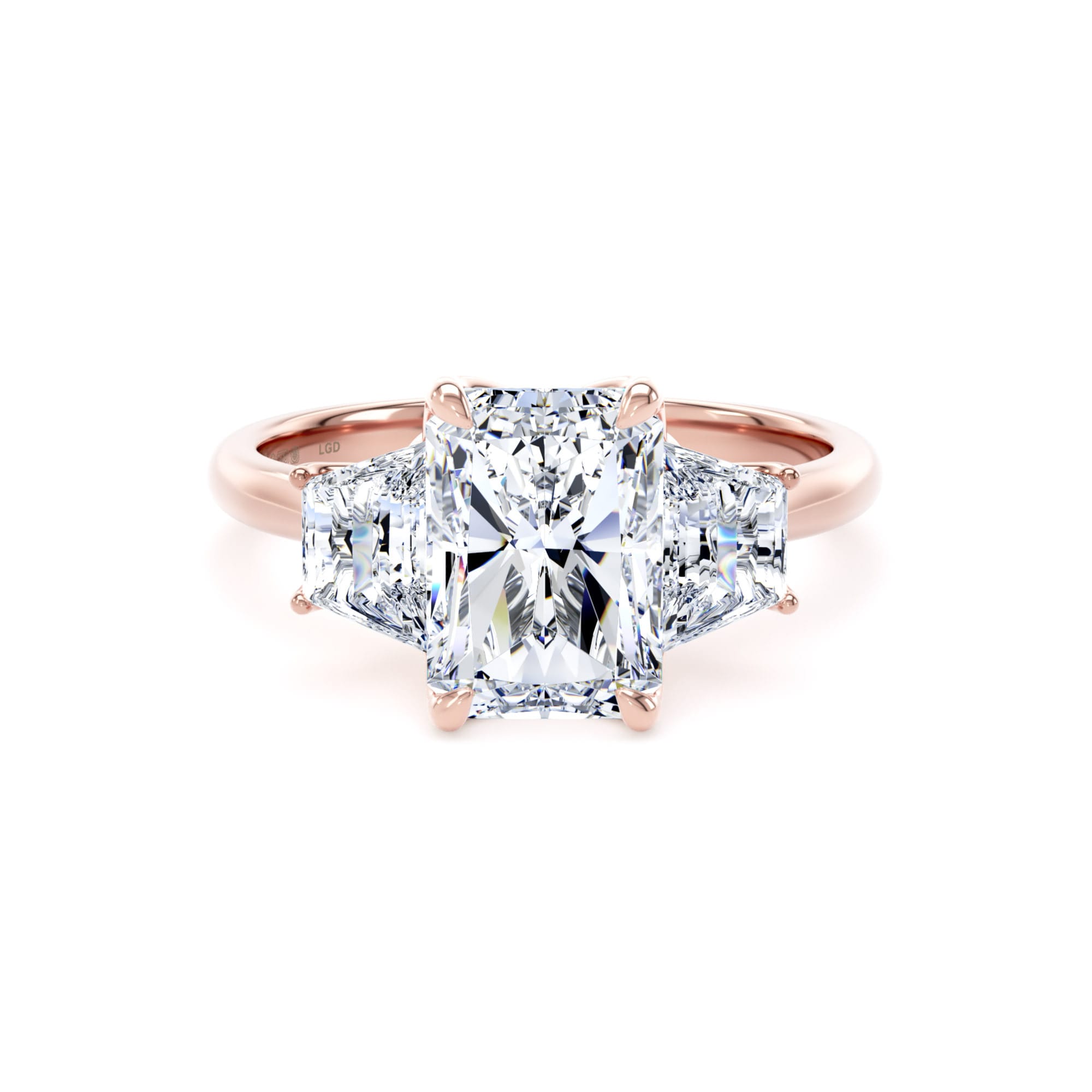 18ct Rose Gold 3.00cttw Radiant and Trapezoid Cut Lab Grown Diamond 3 Stone Engagement Ring