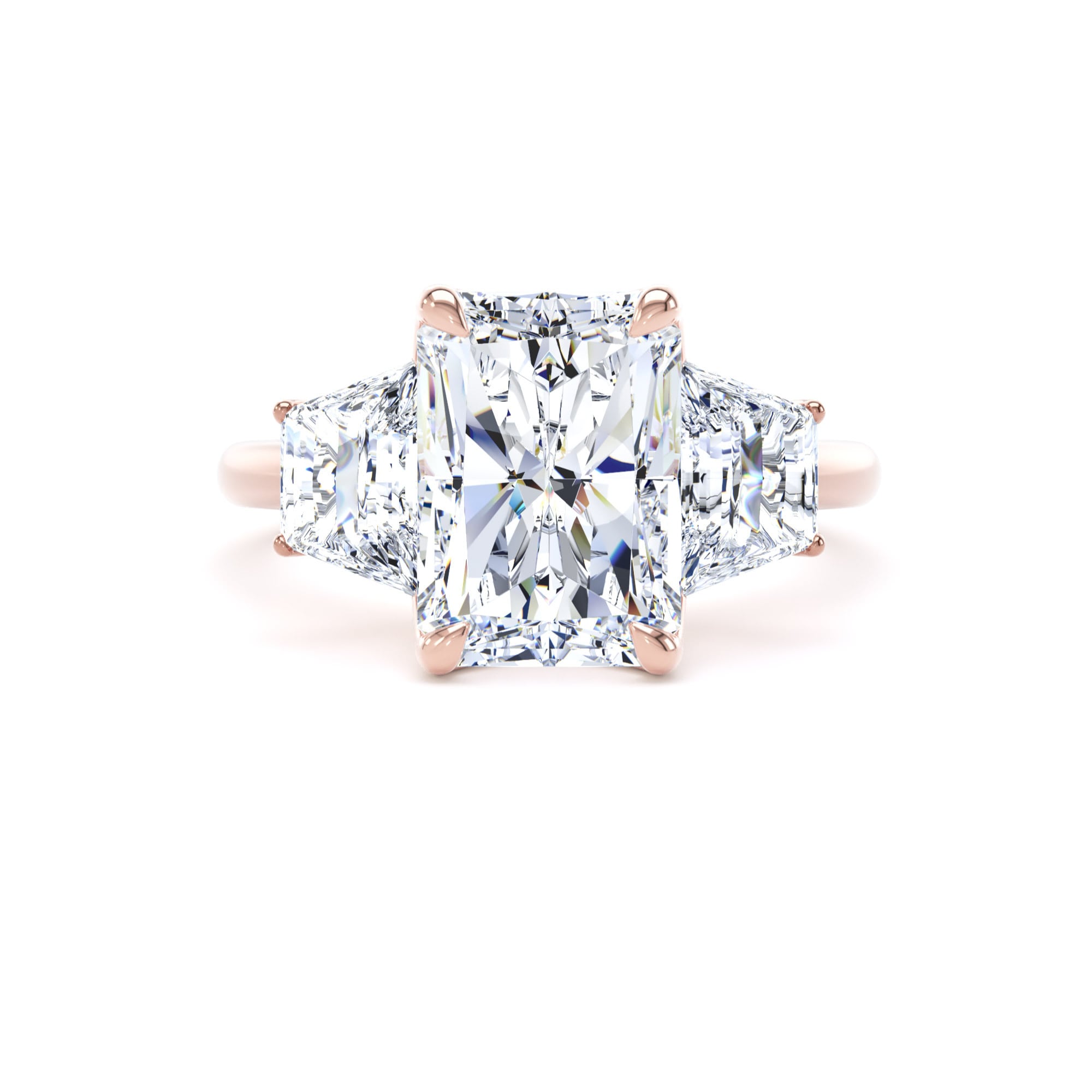 Goldsmiths 18ct Rose Gold 5.80cttw Radiant and Trapezoid Cut Lab Grown Diamond 3 Stone Engagement Ring - Ring Size F Goldsmiths 18ct Rose Gold 5.80cttw Radiant and Trapezoid Cut Lab Grown Diamond 3 Stone Engagement Ring - Ring Size F