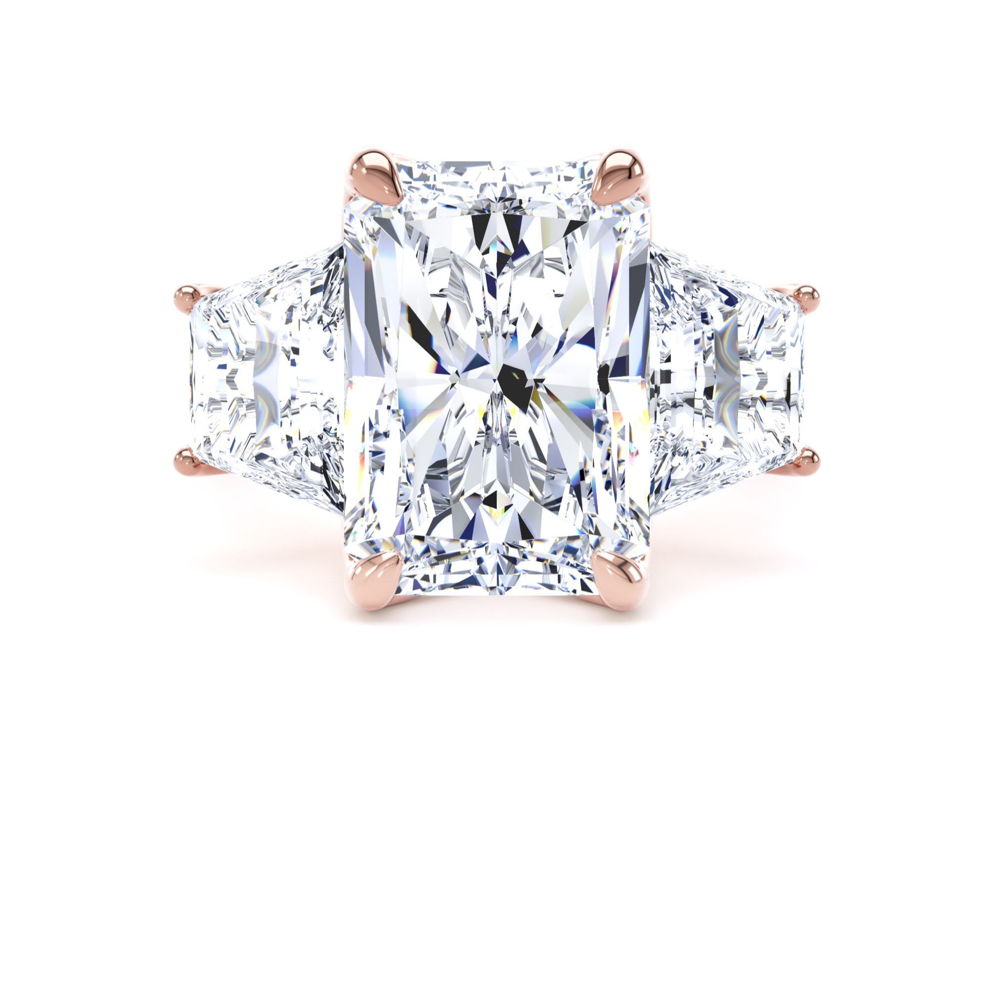 Goldsmiths 18ct Rose Gold 9.40cttw Radiant and Trapezoid Cut Lab Grown Diamond 3 Stone Engagement Ring - Ring Size K Goldsmiths 18ct Rose Gold 9.40cttw Radiant and Trapezoid Cut Lab Grown Diamond 3 Stone Engagement Ring - Ring Size K
