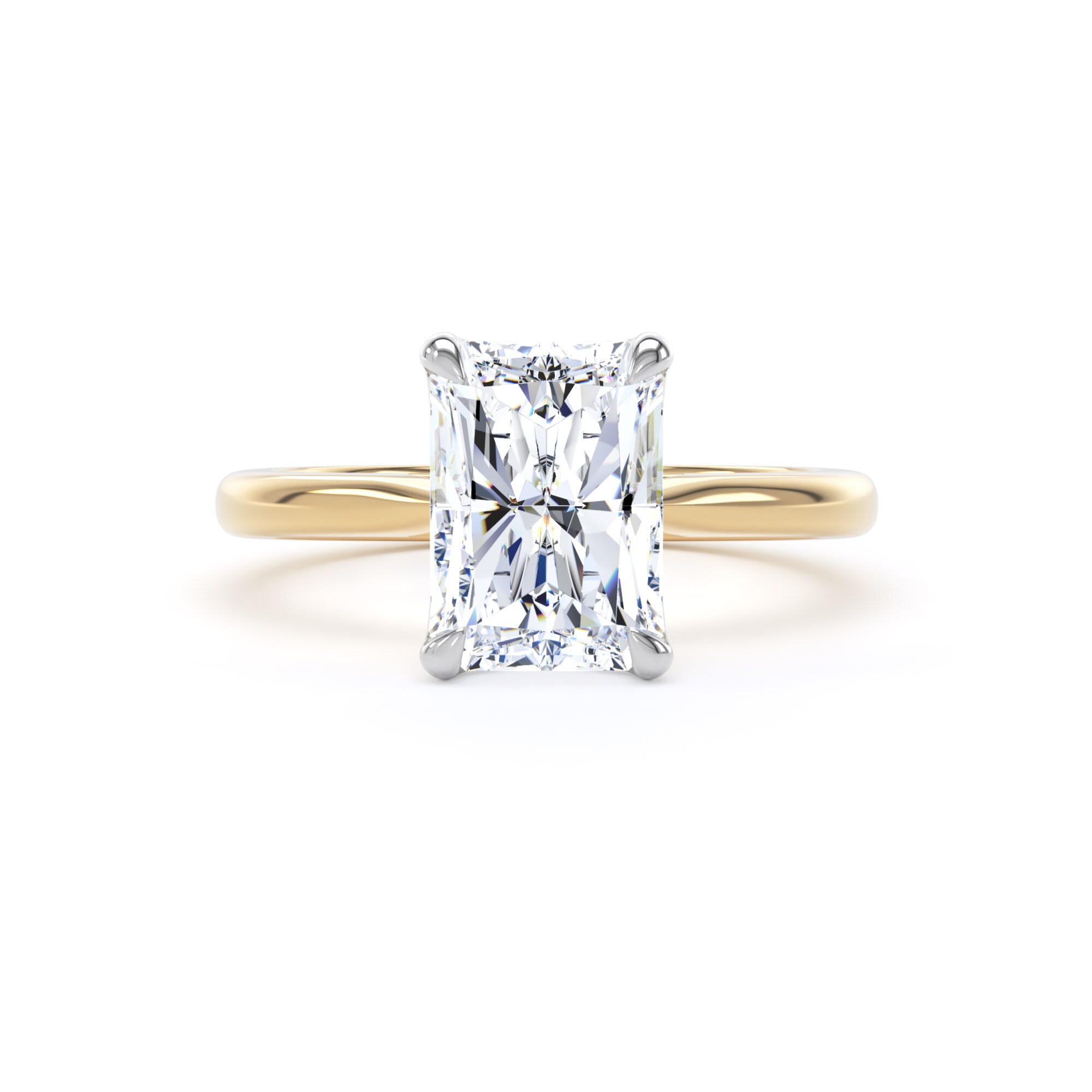Goldsmiths 18ct Yellow Gold and Platinum 3.00cttw Radiant Cut Lab Grown Diamond Solitaire Engagement Ring - Ring Size F.5 Goldsmiths 18ct Yellow Gold and Platinum 3.00cttw Radiant Cut Lab Grown Diamond Solitaire Engagement Ring - Ring Size F.5