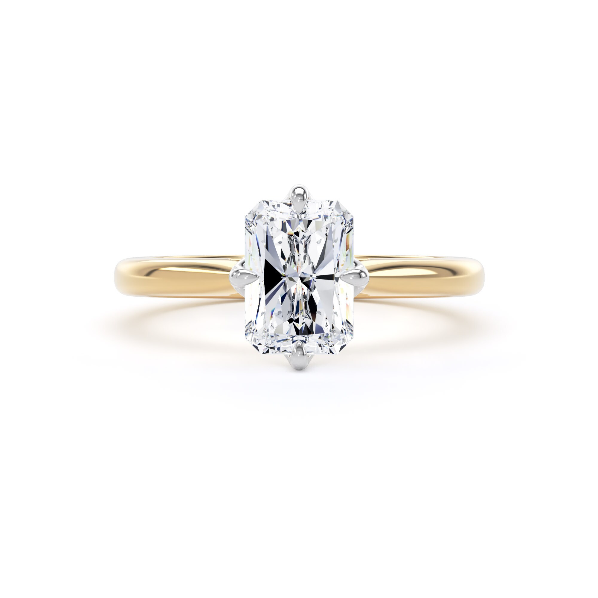 Goldsmiths 18ct Yellow Gold and Platinum 2.00cttw Compass Set Radiant Cut Lab Grown Diamond Solitaire Engagement Ring - Ring Size Y Goldsmiths 18ct Yellow Gold and Platinum 2.00cttw Compass Set Radiant Cut Lab Grown Diamond Solitaire Engagement Ring - Ring Size Y