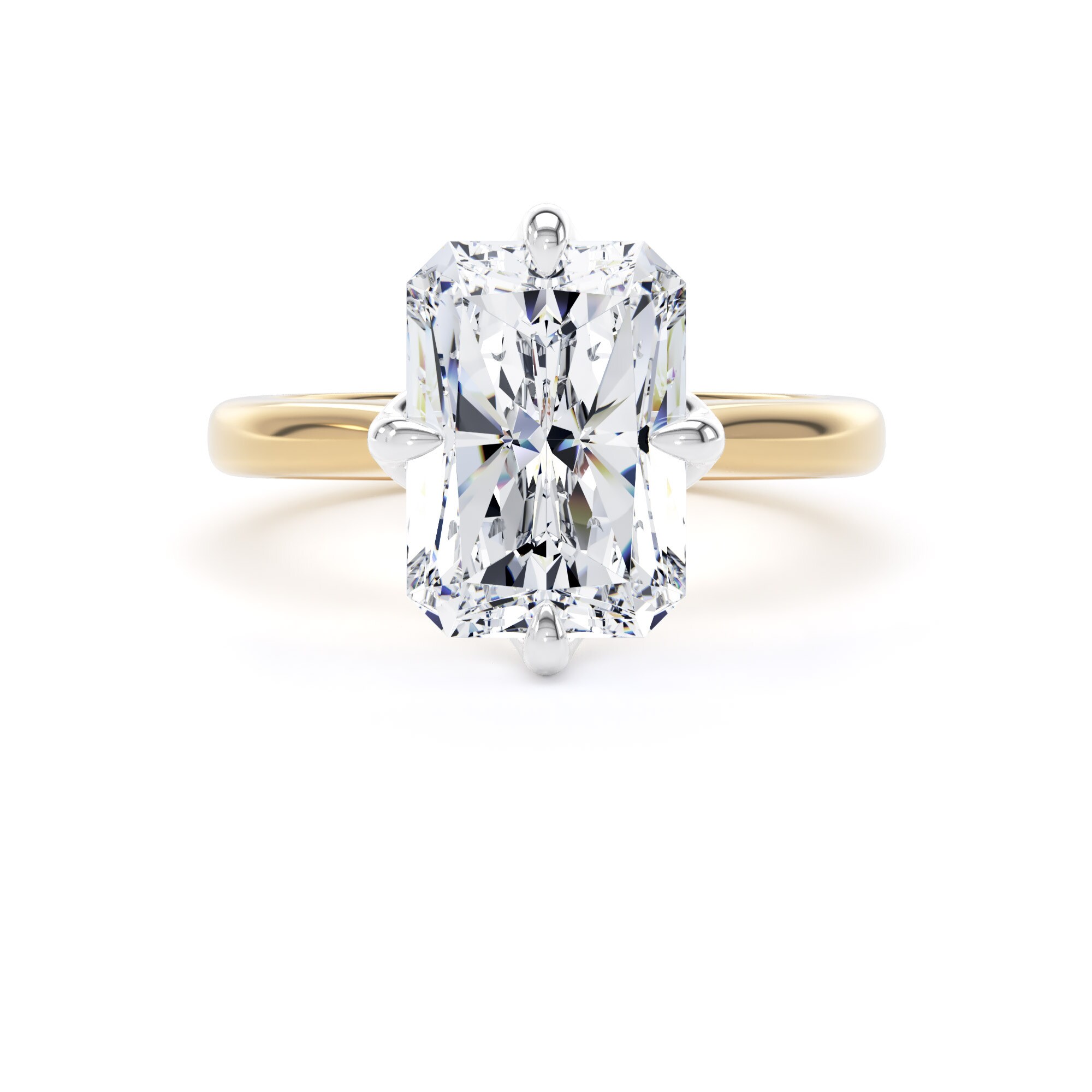 Goldsmiths 18ct Yellow Gold and Platinum 5.00cttw Compass Set Radiant Cut Lab Grown Diamond Solitaire Engagement Ring - Ring Size H Goldsmiths 18ct Yellow Gold and Platinum 5.00cttw Compass Set Radiant Cut Lab Grown Diamond Solitaire Engagement Ring - Ring Size H