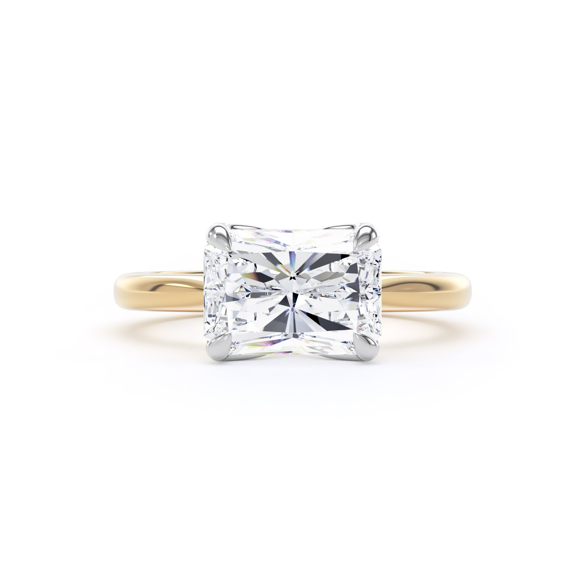 Goldsmiths 18ct Yellow Gold and Platinum 3.00cttw East-West Radiant Cut Lab Grown Diamond Solitaire Engagement Ring - Ring Size I Goldsmiths 18ct Yellow Gold and Platinum 3.00cttw East-West Radiant Cut Lab Grown Diamond Solitaire Engagement Ring - Ring Size I