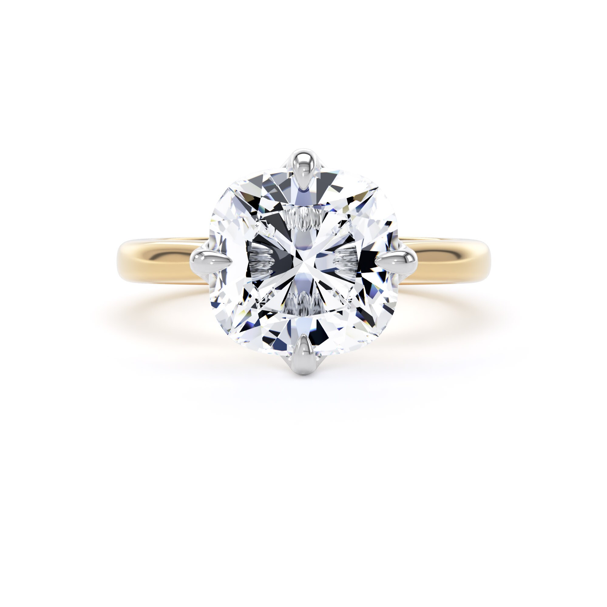 Goldsmiths 18ct Yellow Gold and Platinum Compass Set 5.00cttw Cushion Cut Lab Grown Diamond Solitaire Engagement Ring - Ring Size I Goldsmiths 18ct Yellow Gold and Platinum Compass Set 5.00cttw Cushion Cut Lab Grown Diamond Solitaire Engagement Ring - Ring Size I
